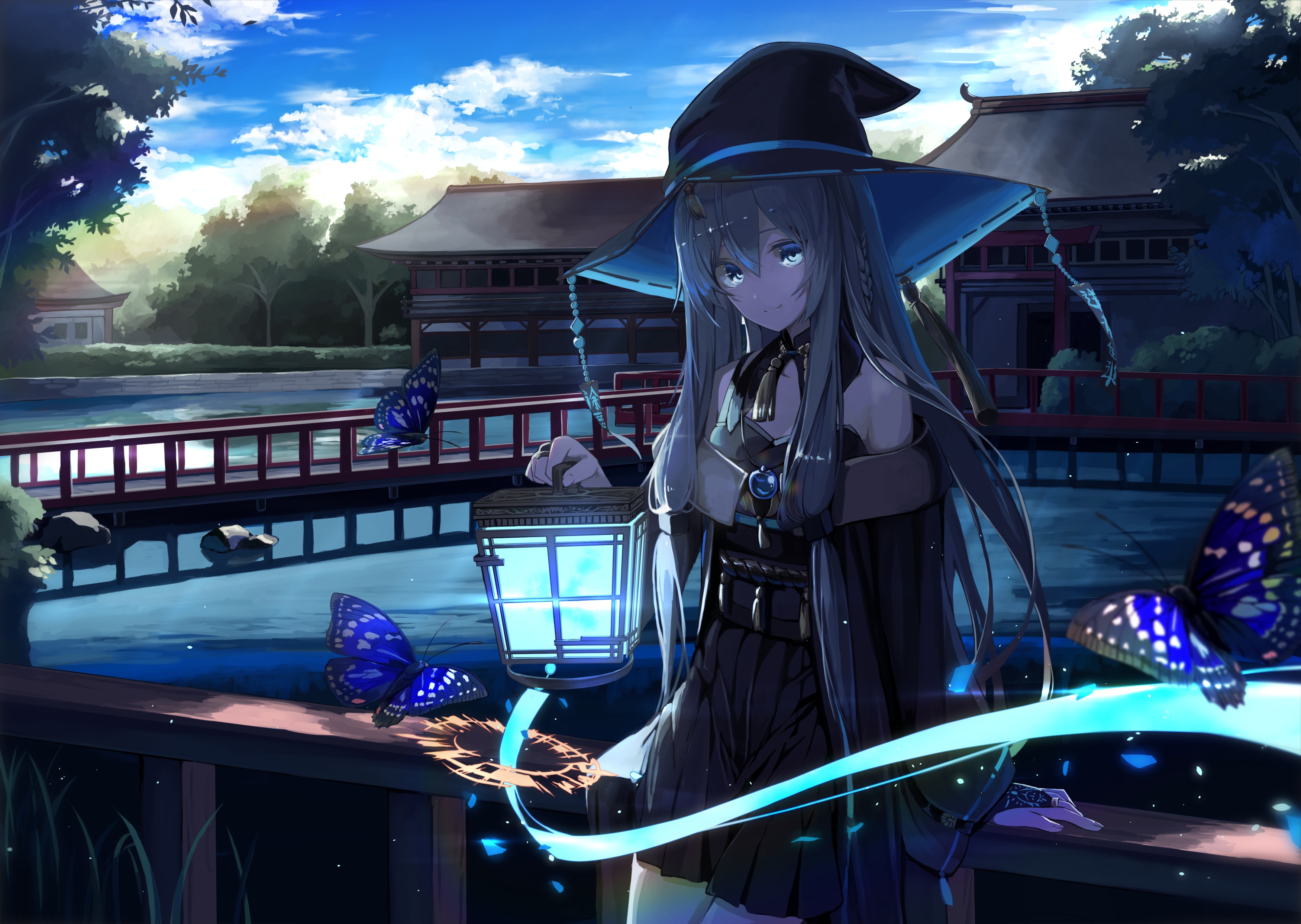 Mikisai Butterfly Artwork Anime Girls Grey Hair Long Hair Gray Eyes Witch Hat 3500x2487
