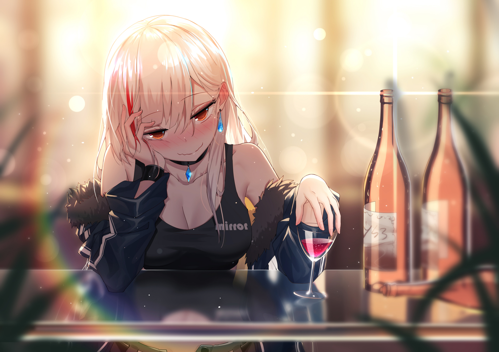 Anime Anime Girls Original Characters Frontal View Drunk Wine Bottles Wine Glass Looking At Viewer R 1920x1357