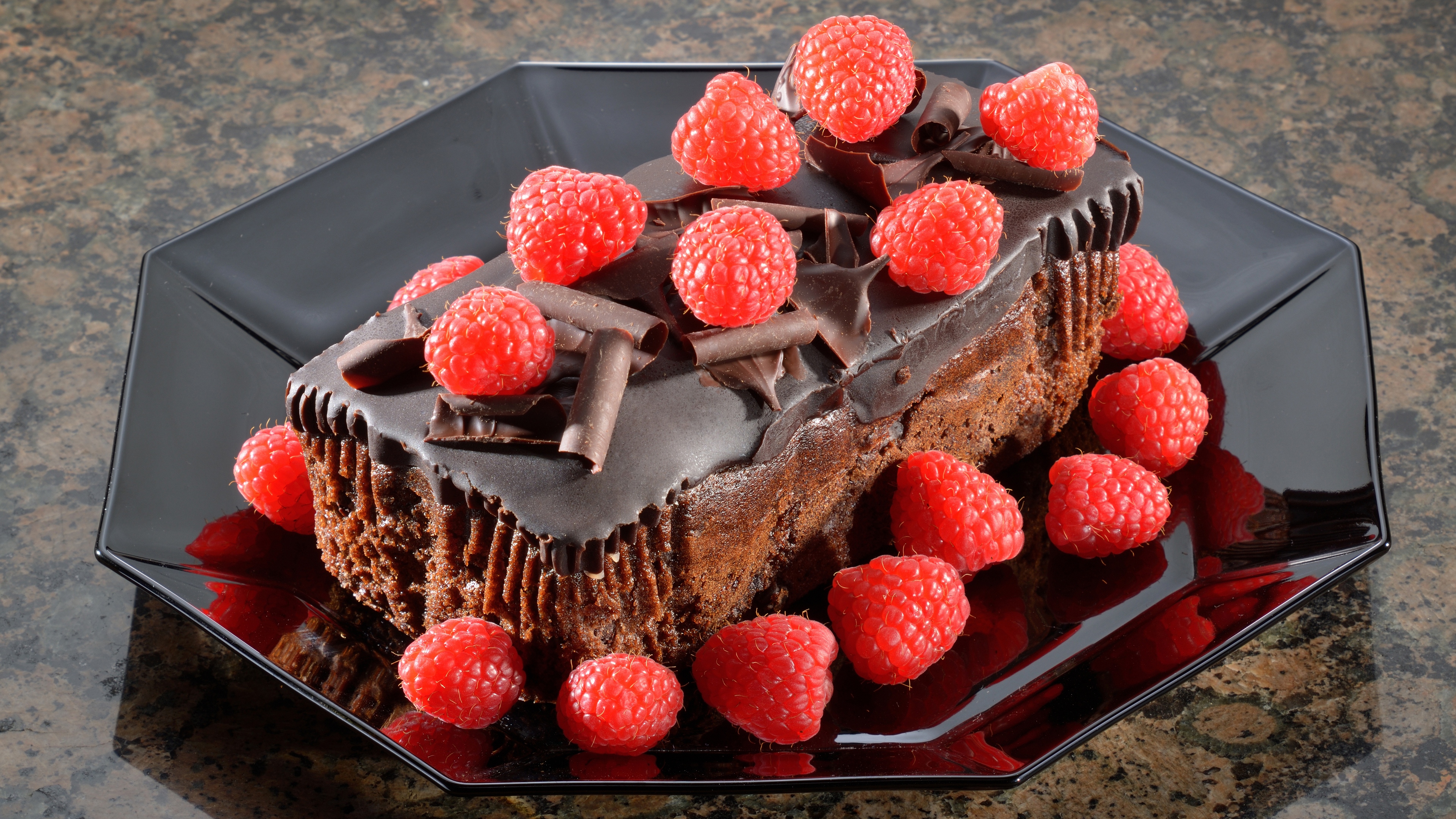 Raspberries Chocolate Cake Chocolate Cake Dessert Sweets Food Plates Still Life 3840x2160
