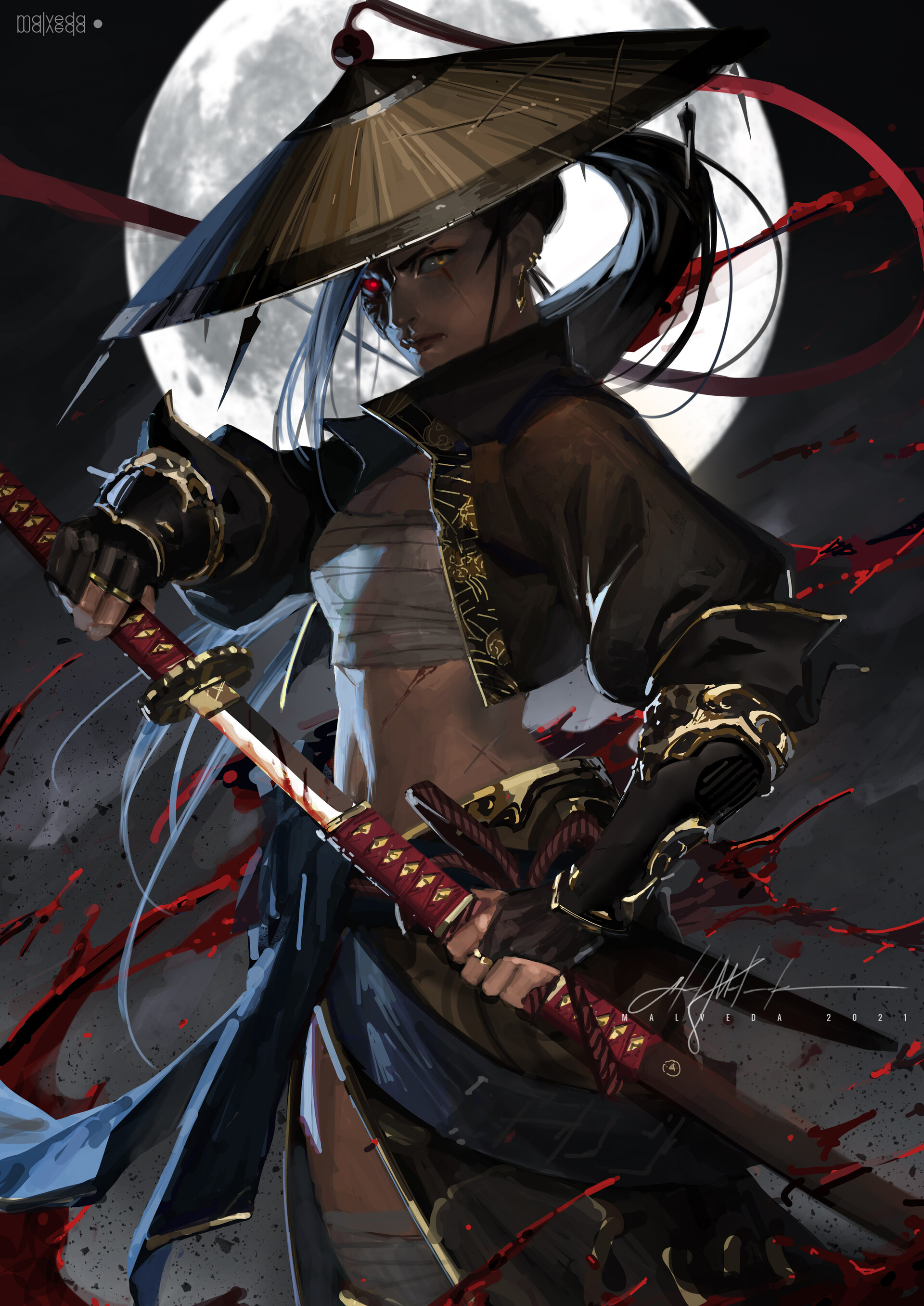 Malveda Artist Digital Art Artwork Katana Shinobi Sarashi Straw Hat Red Eyes Warrior Warrior Girls B 1920x2712