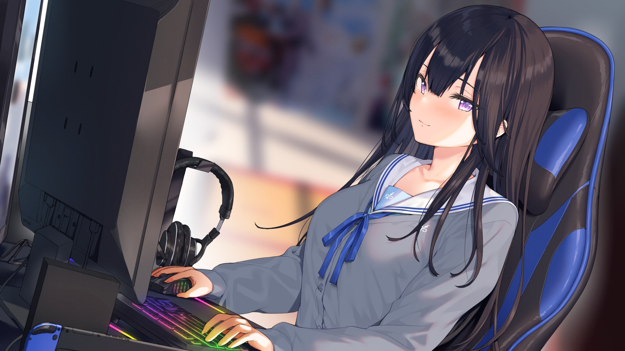 Anime Anime Girls Artwork Dark Hair Long Hair Purple Eyes Computer School Uniform 2058x1158