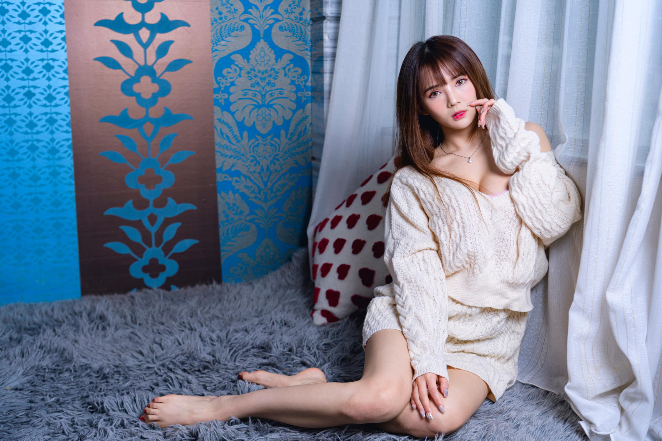 Asian Model Women Long Hair Dark Hair Sitting Carpet Pillow Curtains Barefoot Pullover Necklace Skir 2250x1500