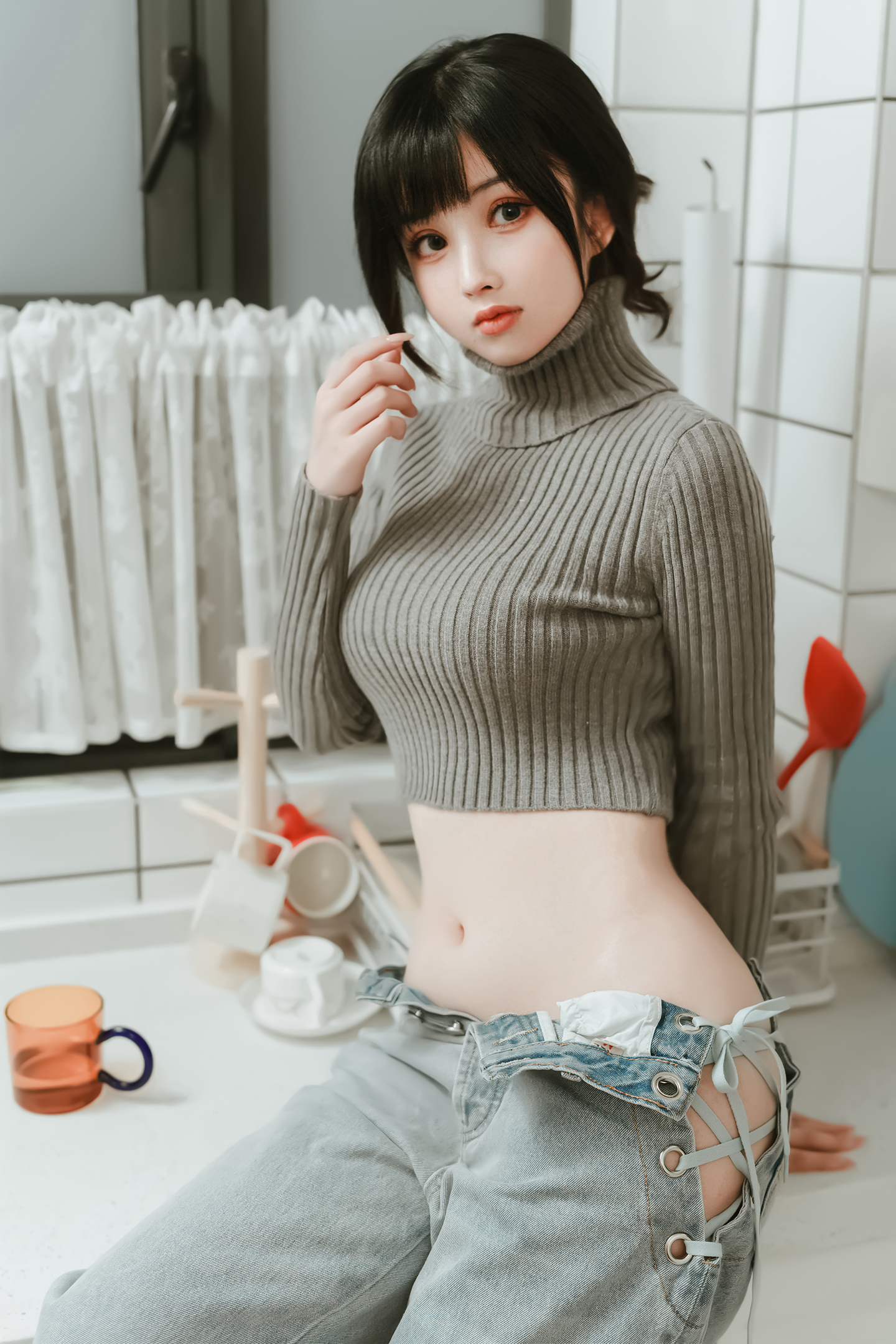 Johnny Photographer Women Asian Dark Hair Turtlenecks Jeans Indoors Unbuttoned 1440x2160