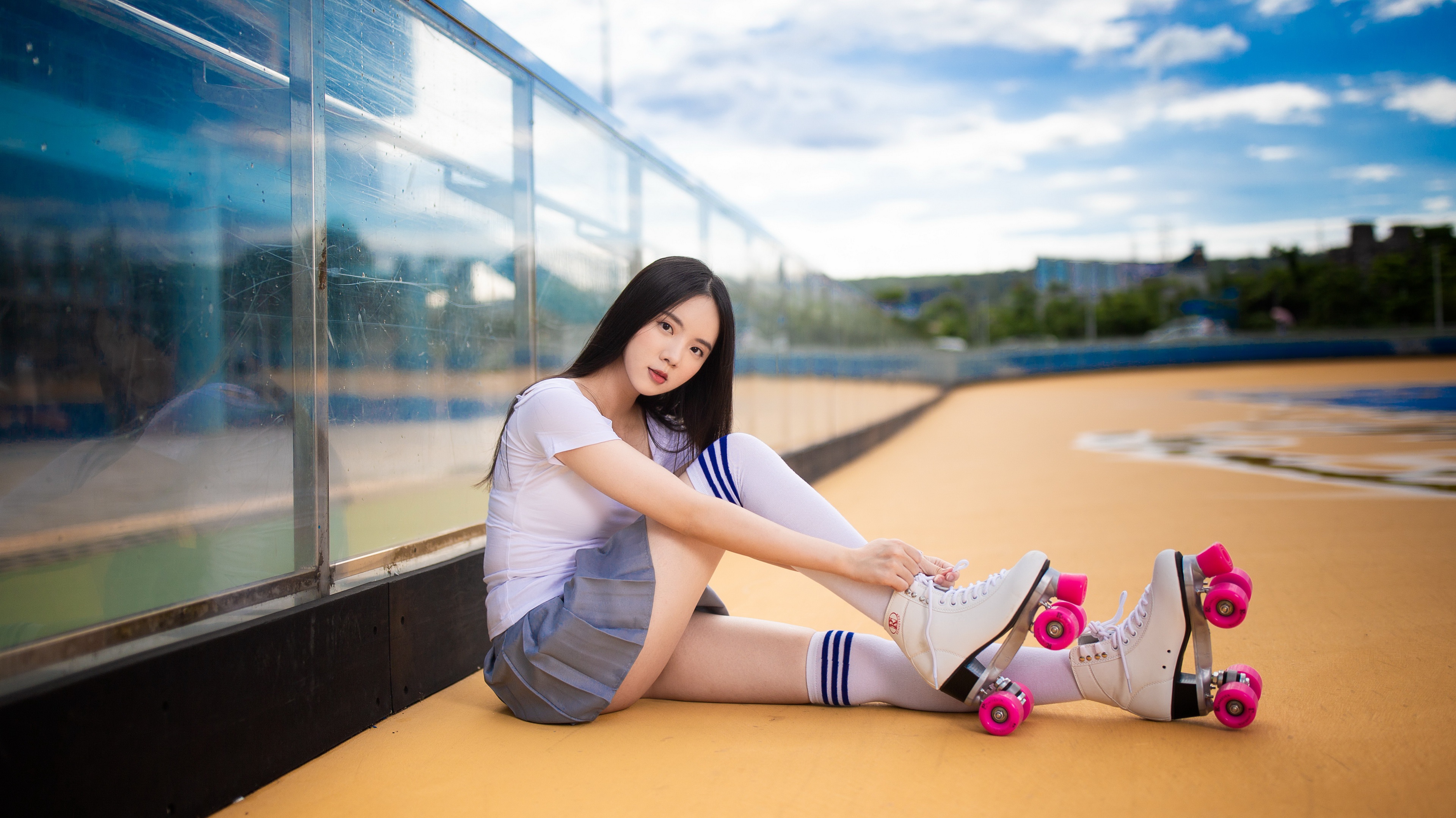Model Women Asian Looking At Viewer Straight Hair Brunette Roller Skates Legs Striped Stockings Skir 3840x2160