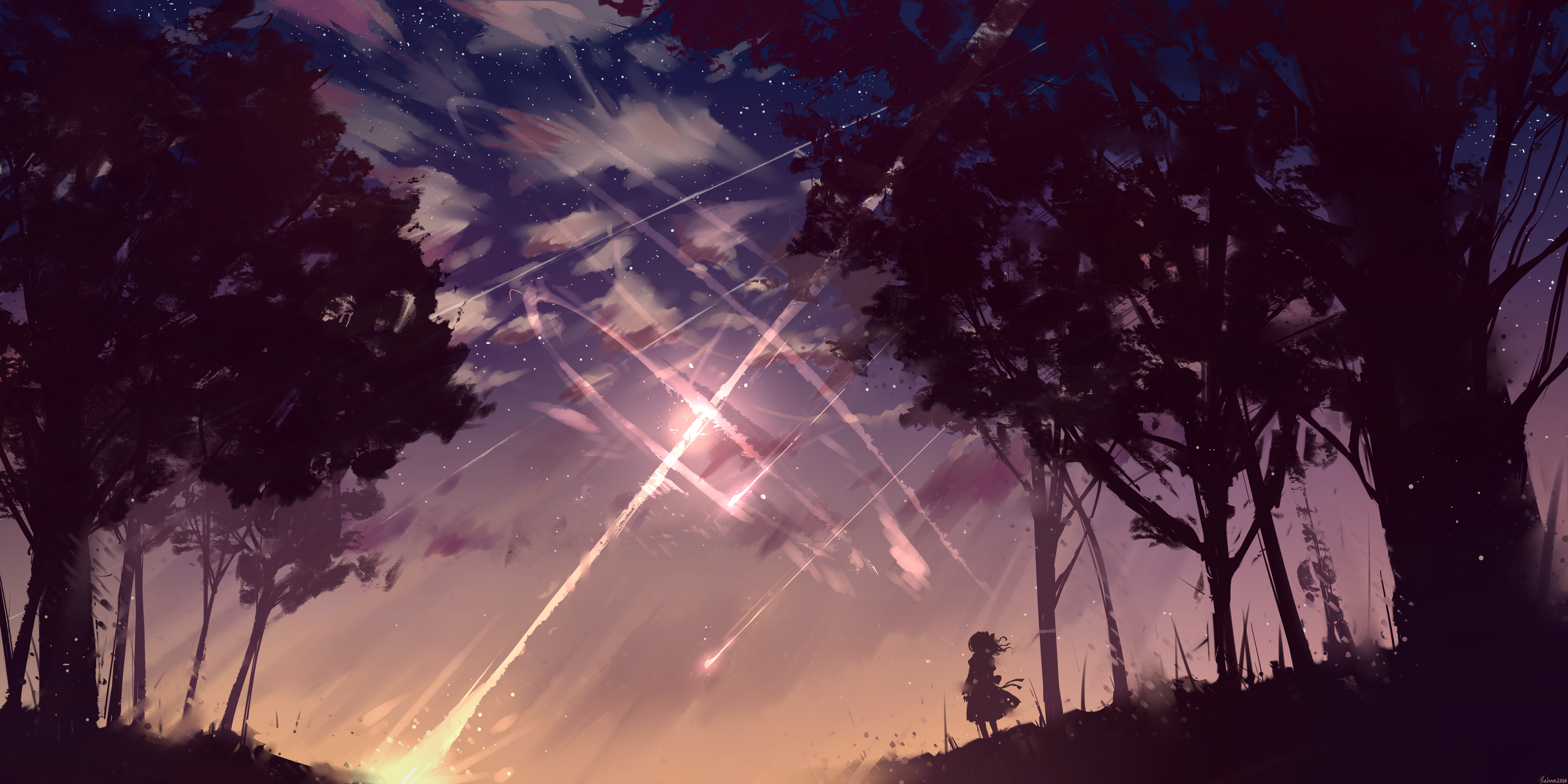 Cloud Dress Forest Long Hair Meteor Shooting Star Sunset Bow Clothing 5000x2500