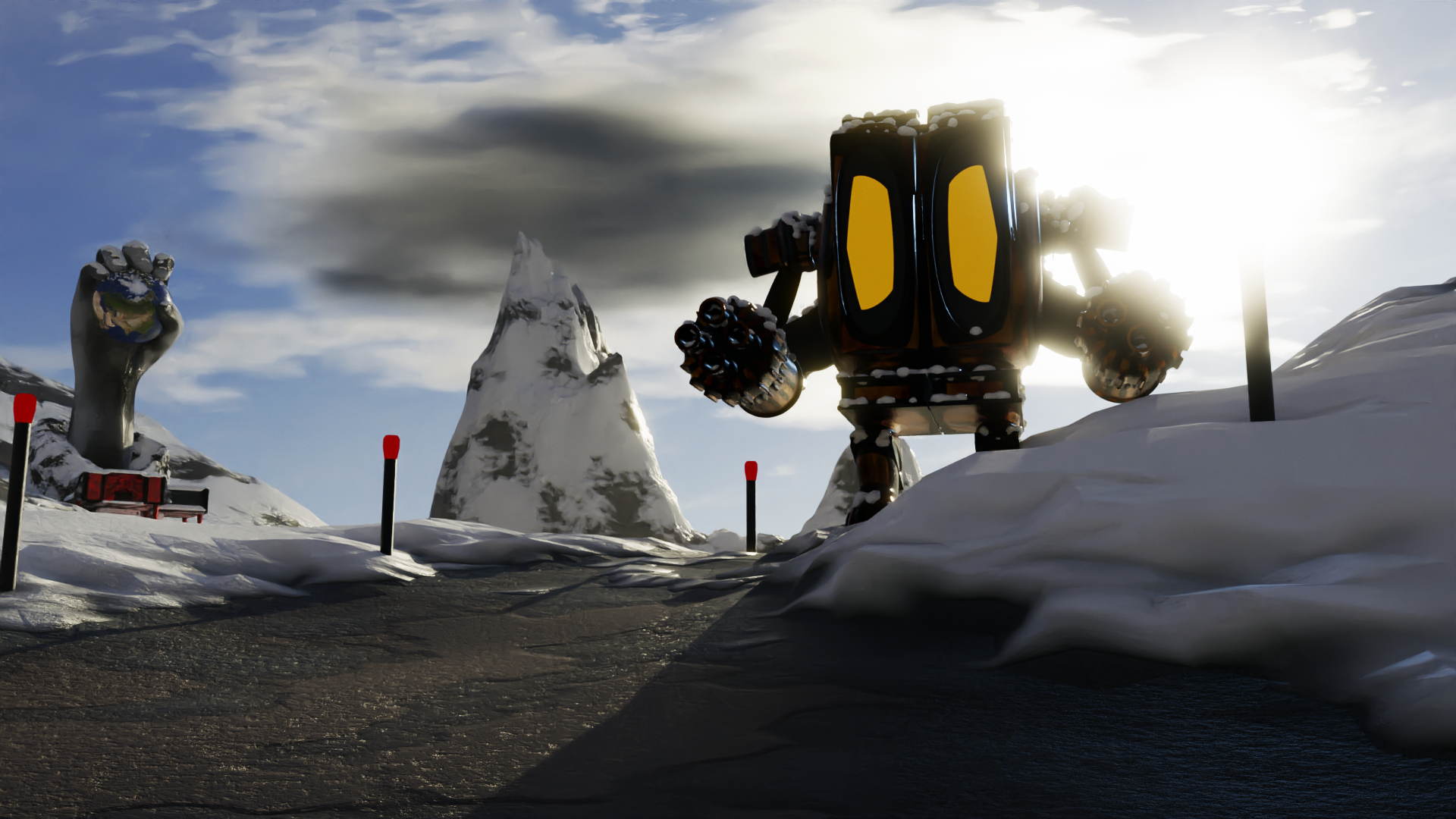 Blender 3D 3D Graphics 3D Sculpture Snow Snow Covered Mountain Area Snowy Mountain Snowy Peak Robot  1920x1080