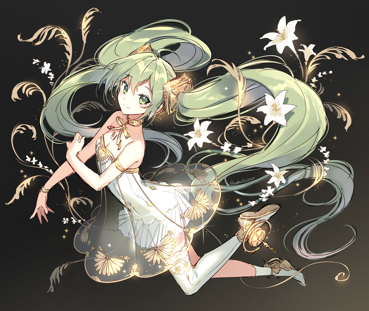 Nardack Artwork Anime Girls Vocaloid Hatsune Miku Dress Green Hair Twintails Green Eyes Smiling 1400x1180