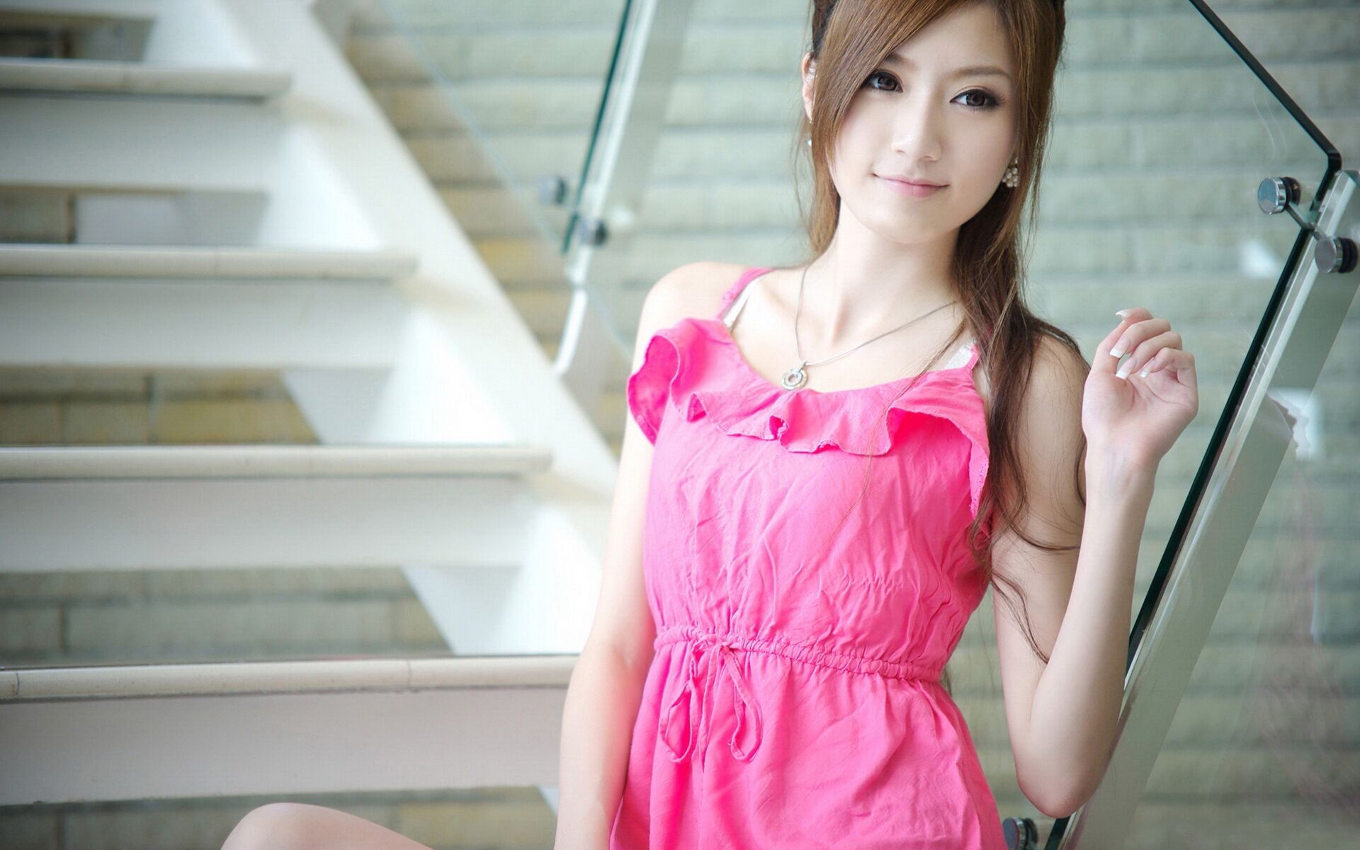 Asian Pink Dress Long Nails Looking Away Stairs 1920x1200