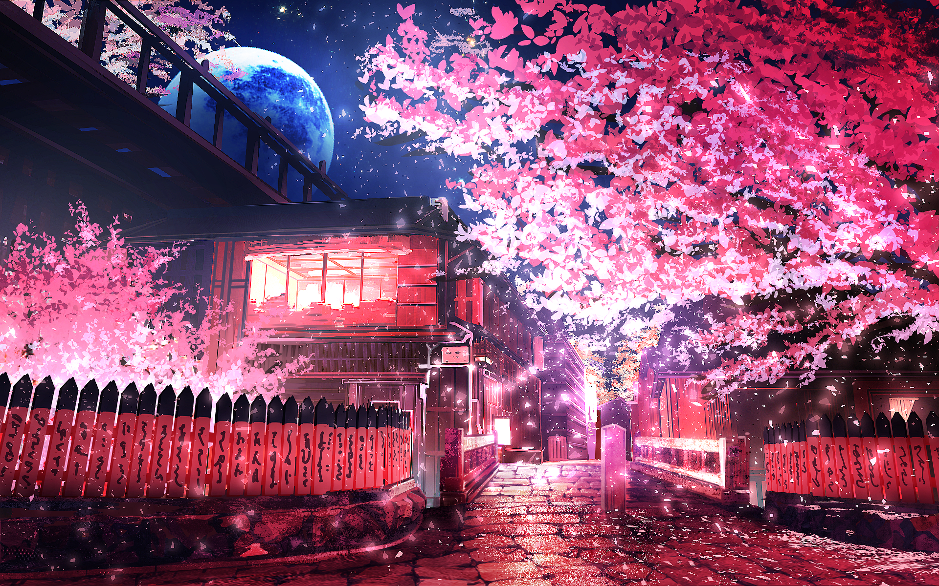 Sakura Tree Kyoto Anime Trees City Moon Lights Urban Japan Asia Cherry Blossom Artwork Smile Artist 1920x1200