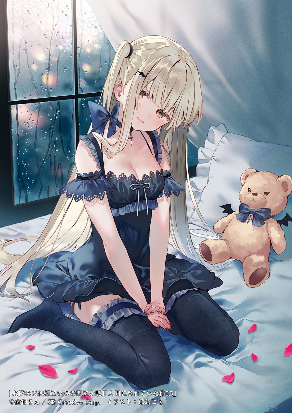 Anime Anime Girls Hanekoto Artwork Long Hair Ash Blonde Brown Eyes In Bed Dress Thigh Highs 1000x1414