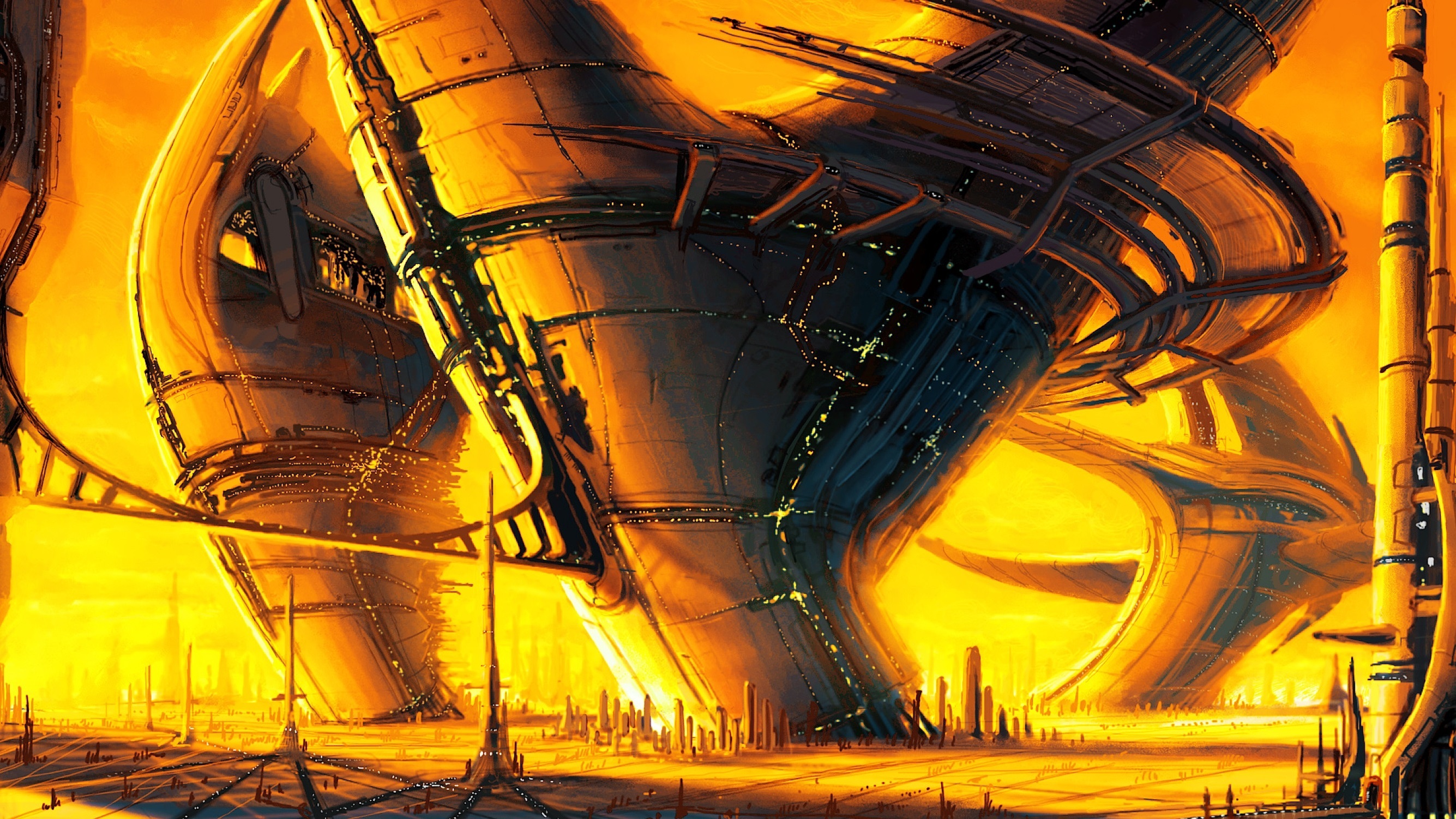 Digital Art Artwork Yellow Science Fiction Futuristic Building Cyberpunk Drawing World Dystopian Sun 2670x1502