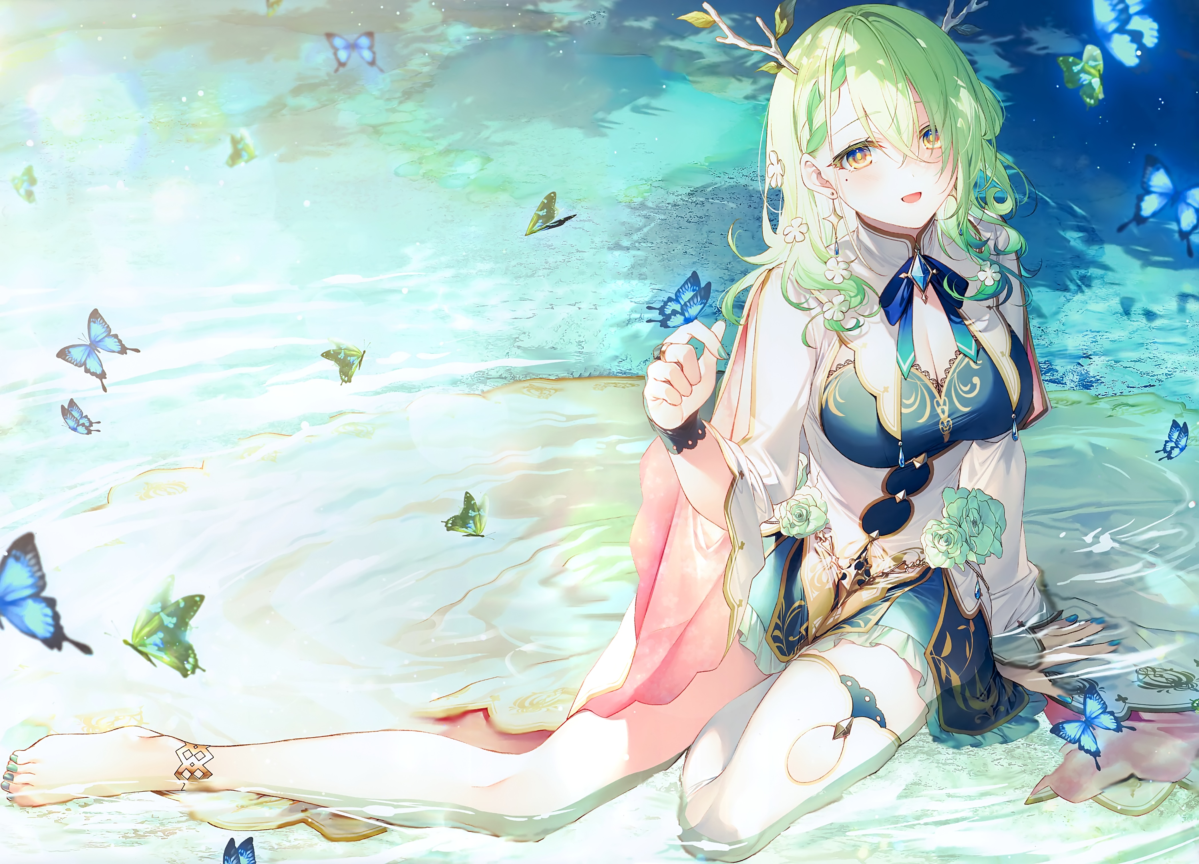 Anime Anime Girls Fantasy Girl Fantasy Art Green Hair Butterfly Animals Insect Yellow Eyes 4193x3020
