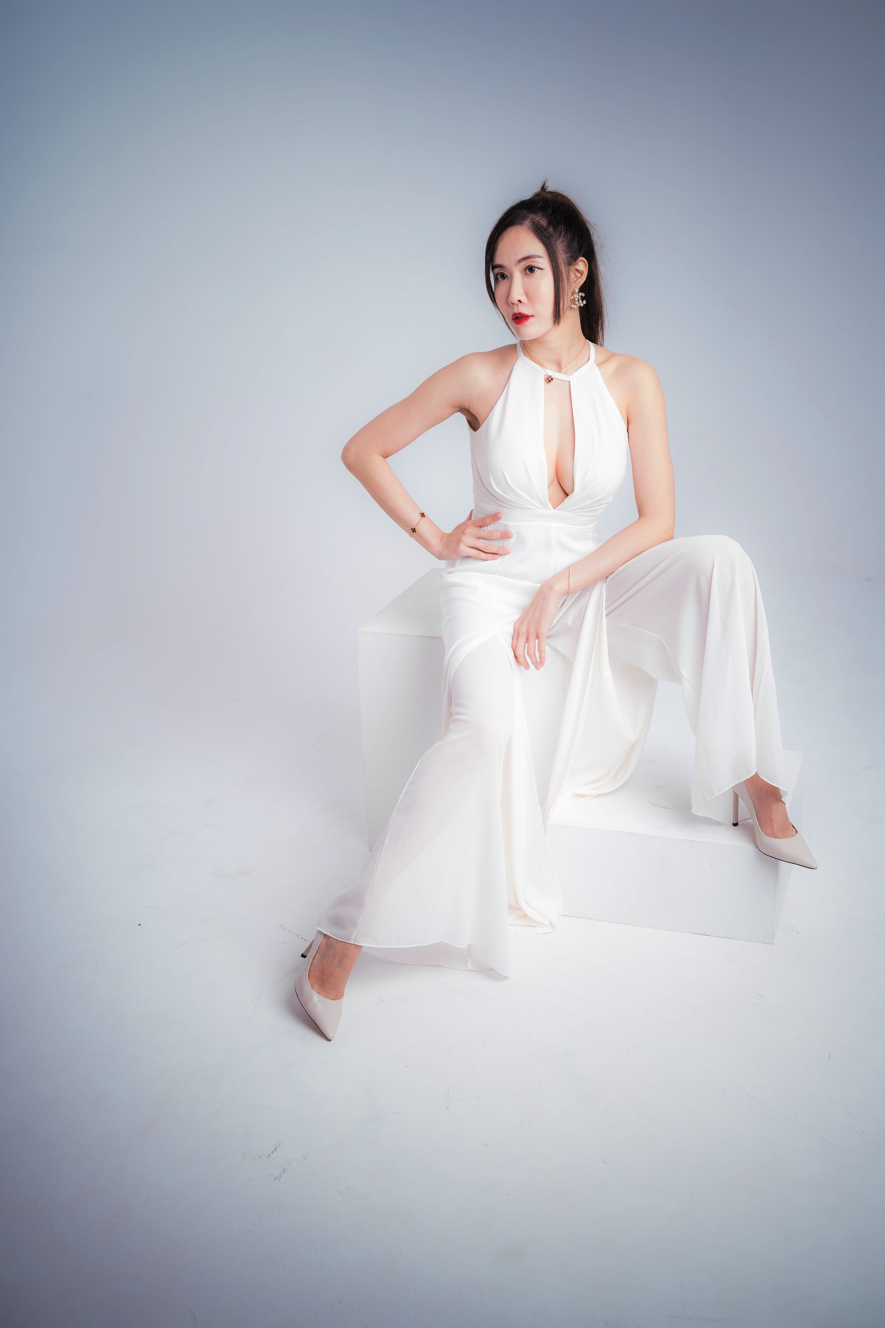 Asian Model Women Long Hair Dark Hair Sitting White Dress White Heels Bracelets Necklace Earring Pon 3000x4500