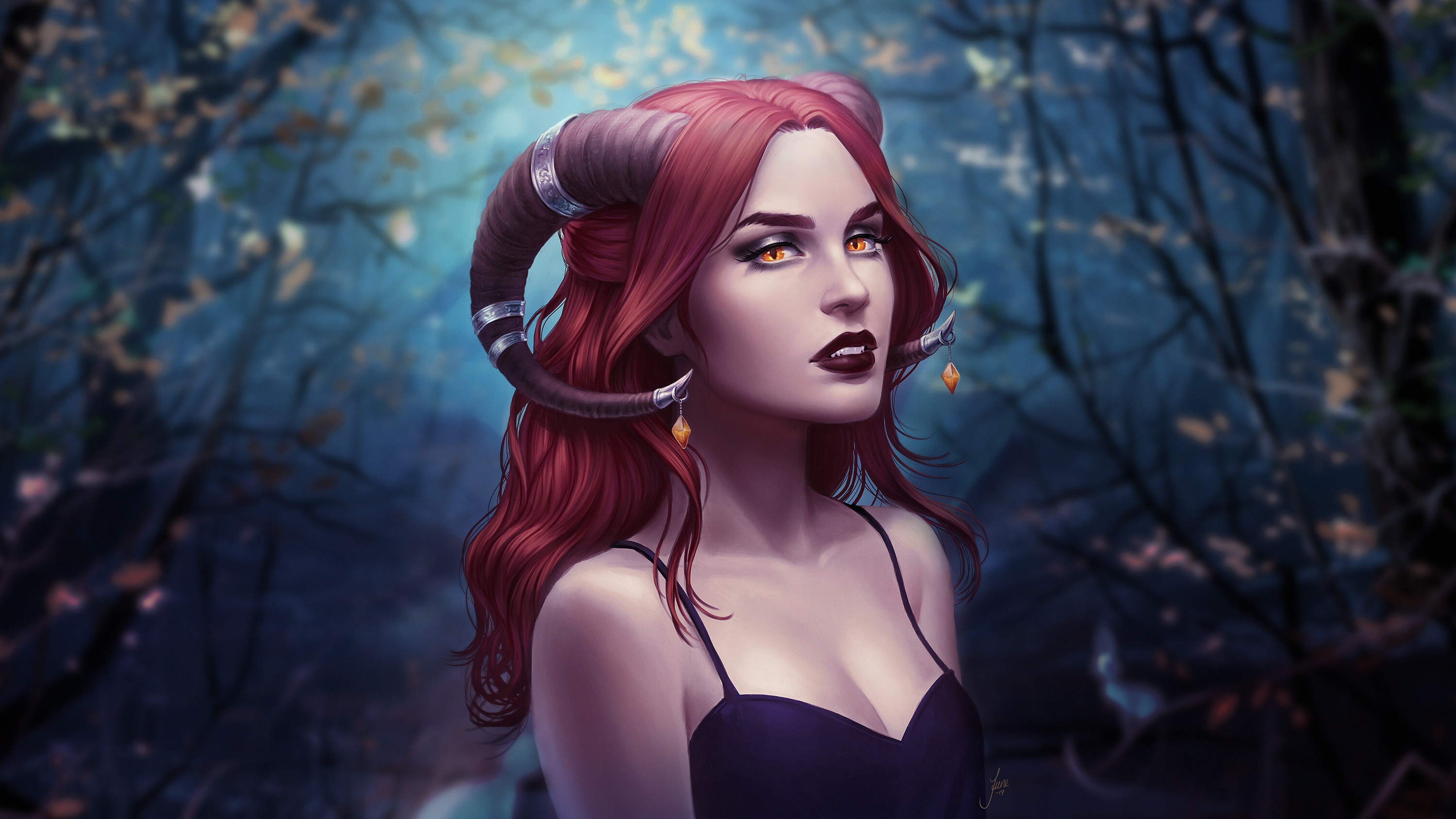 Girl Demon Lipstick Red Hair Orange Eyes Horns Woman 3000x1690