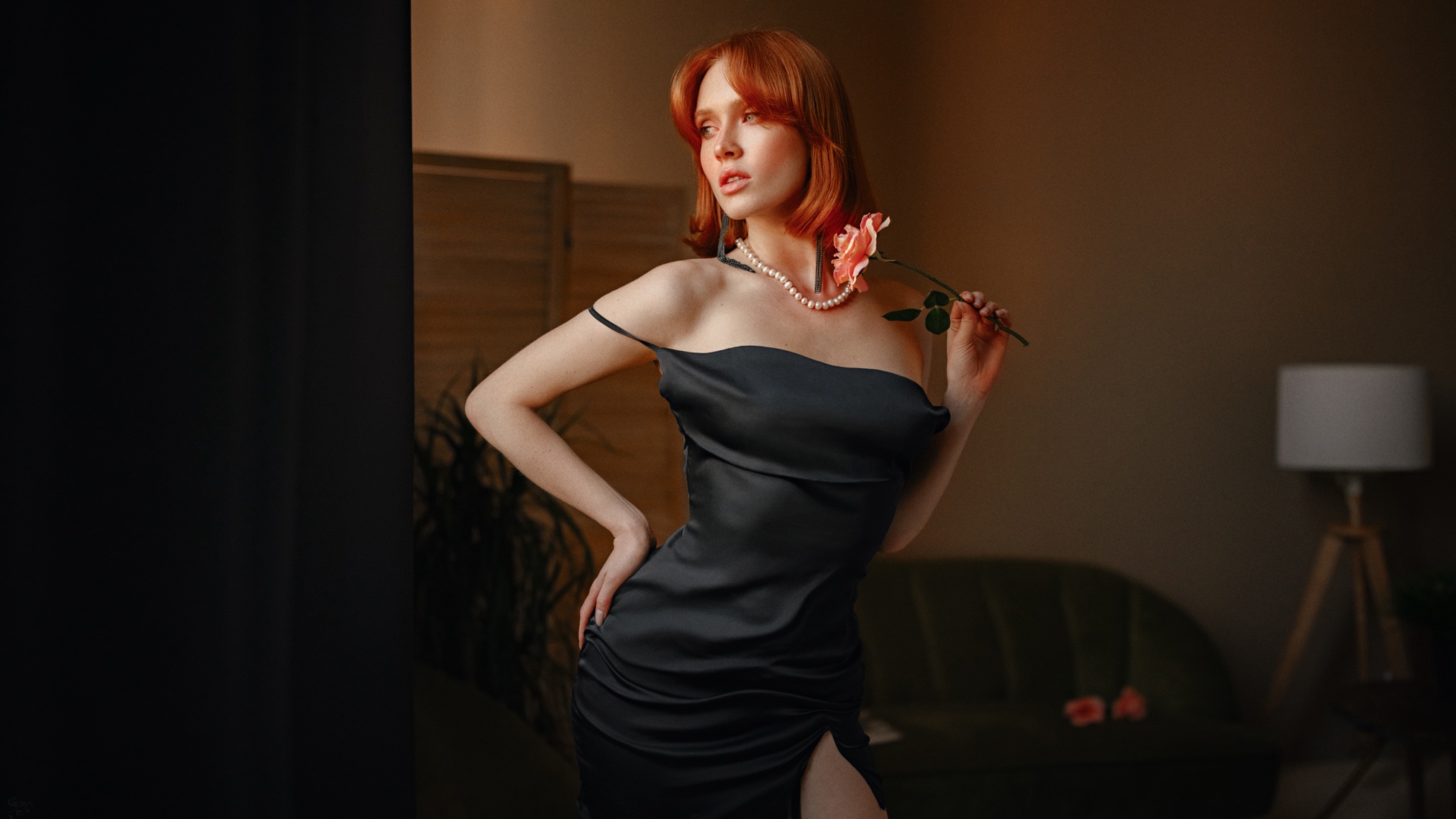 Women Arina Bikbulatova Redhead Dress Black Clothing Flowers Rose Indoors 2024x1139