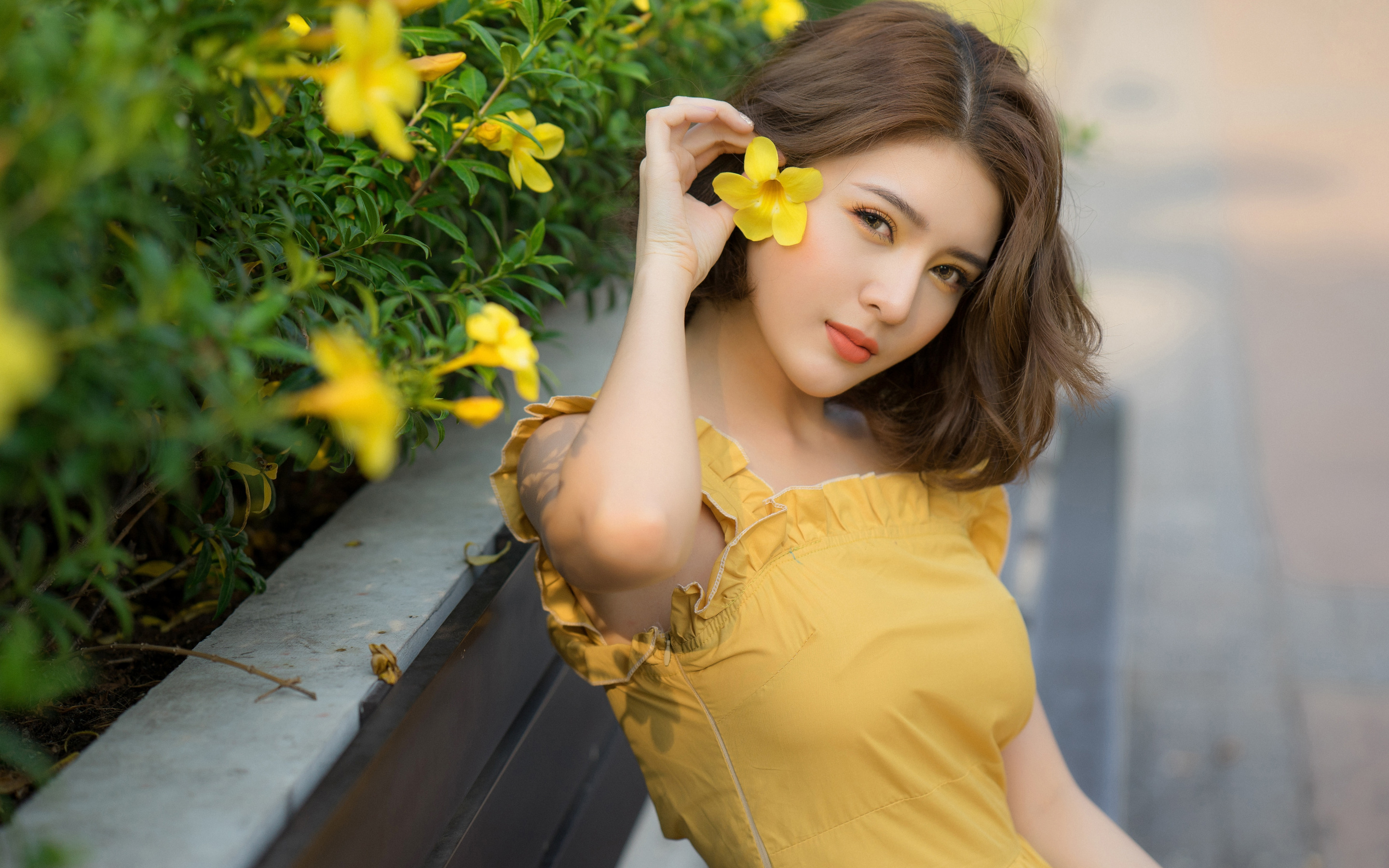 Model Women Red Lipstick Asian Yellow Dress Women Outdoors 2880x1800