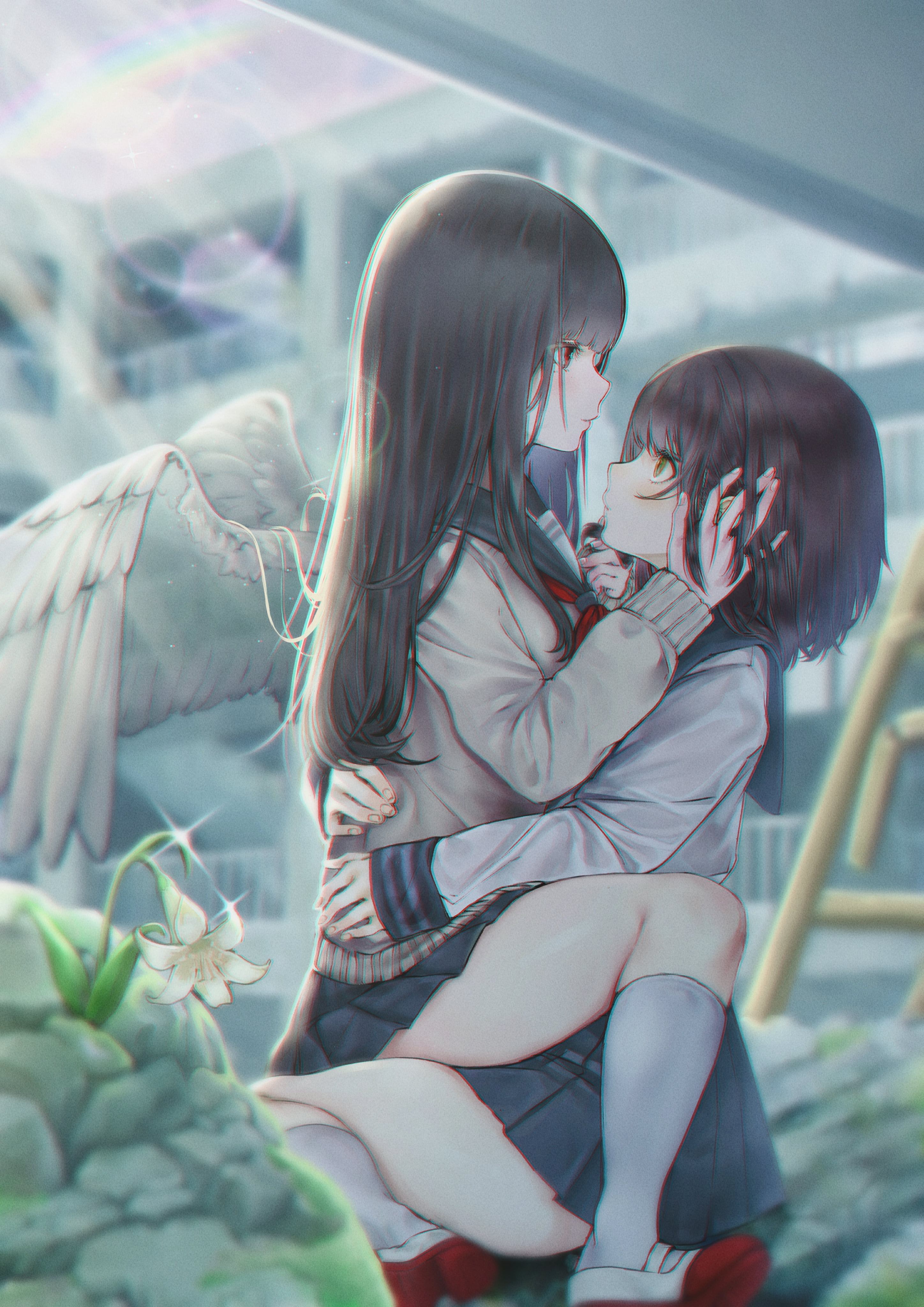 Anime Girls Anime Hugging Wings School Uniform 2896x4096