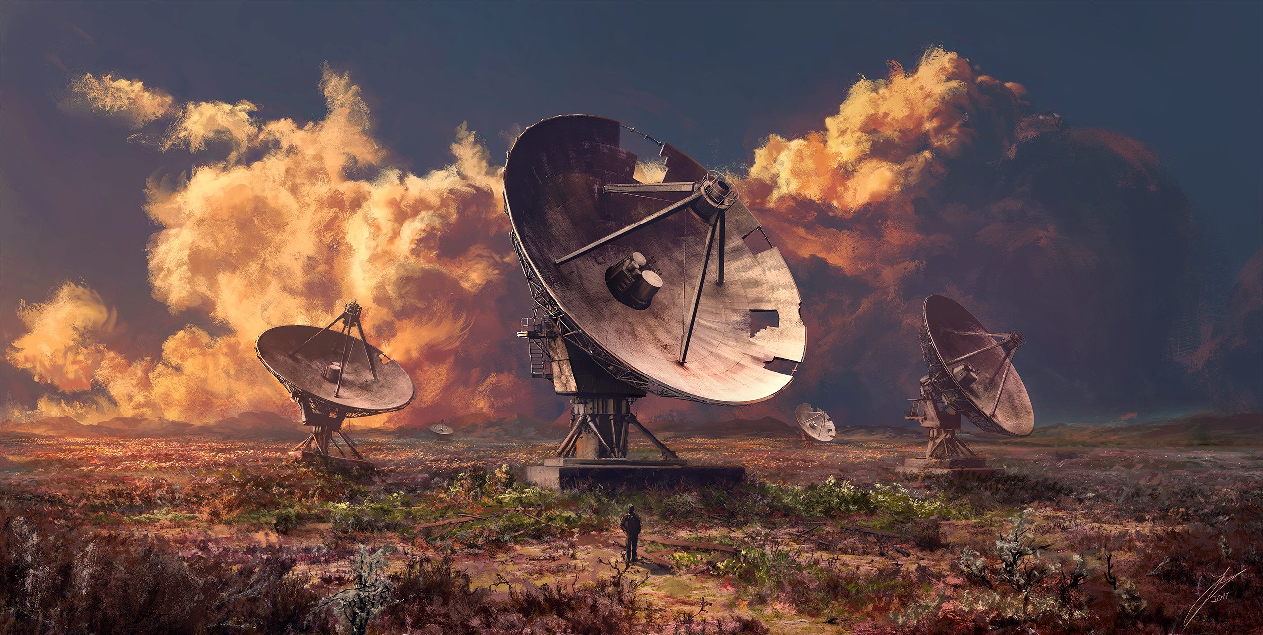 Julian Bauer Digital Art Clouds Satellite Dish Ruins 2560x1287