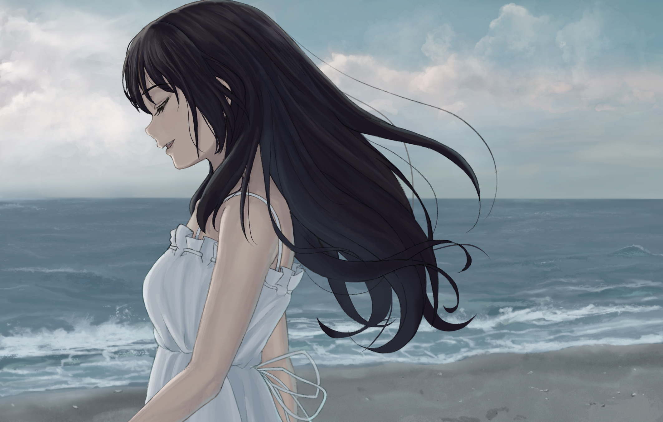 Anime Anime Girls Beach Sky Dress Sun Dress Black Hair Kousaka Reina Hibike Euphonium 2126x1354