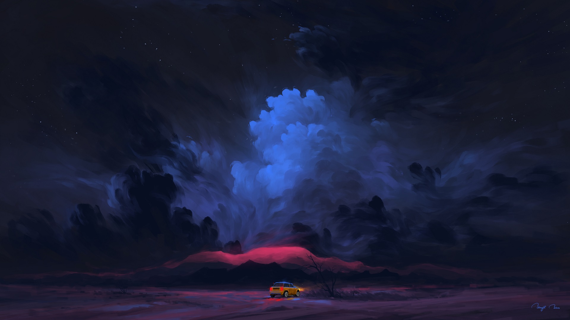 Digital Painting Night Clouds Car Mountains BisBiswas 1920x1080