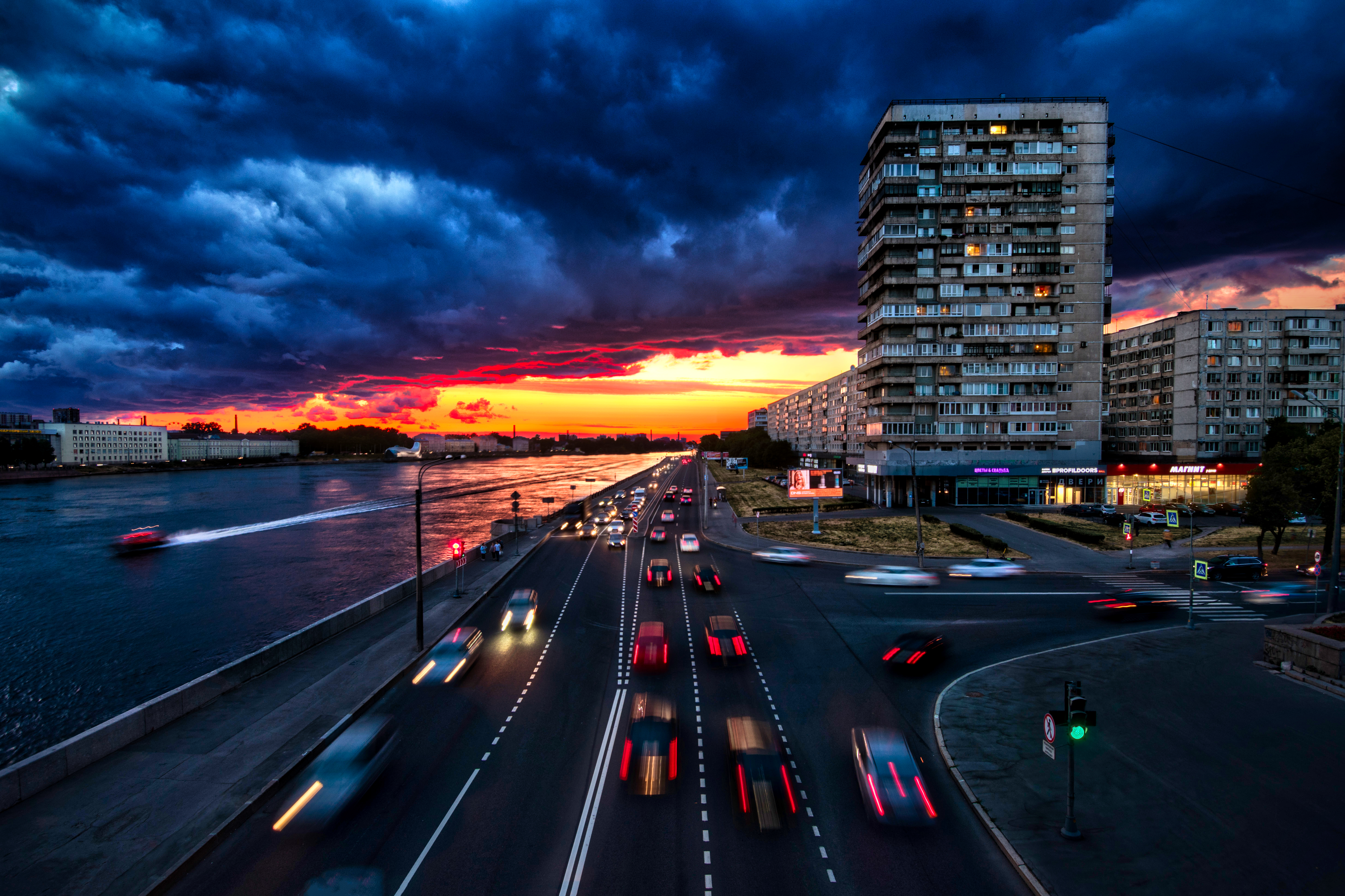Road Urban City Building Water Boat Sunset Night Car Lights Russia 5830x3887