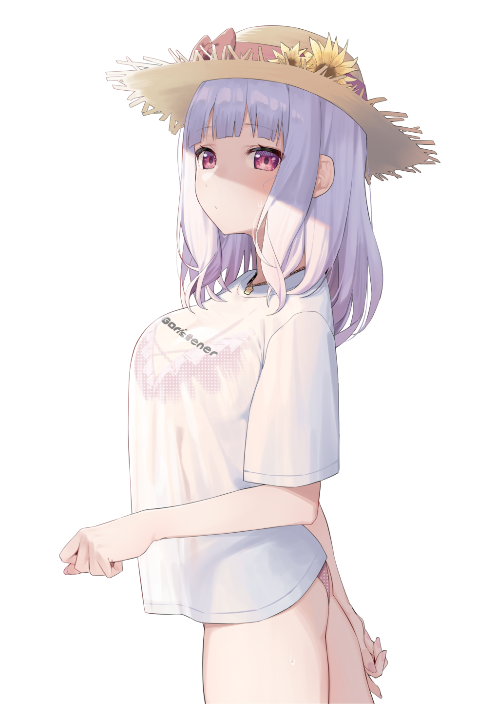 Looking At Viewer Digital Digital Art Anime Anime Girls Red Eyes Purple Hair Sun Hats White Shirt Wh 1020x1443