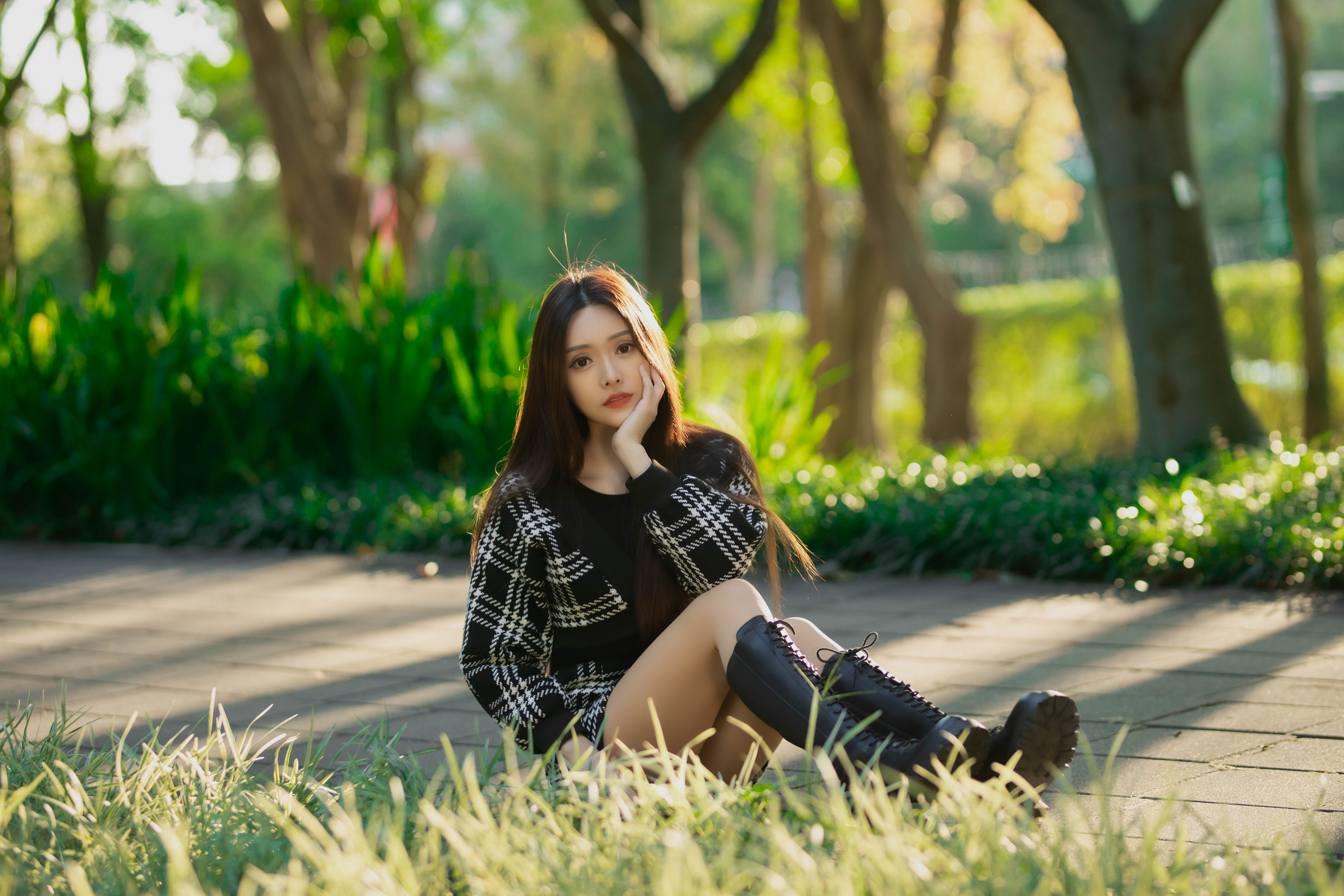 Asian Model Women Long Hair Dark Hair Depth Of Field Women Outdoors Sitting Trees Bushes Grass Boots 3840x2560