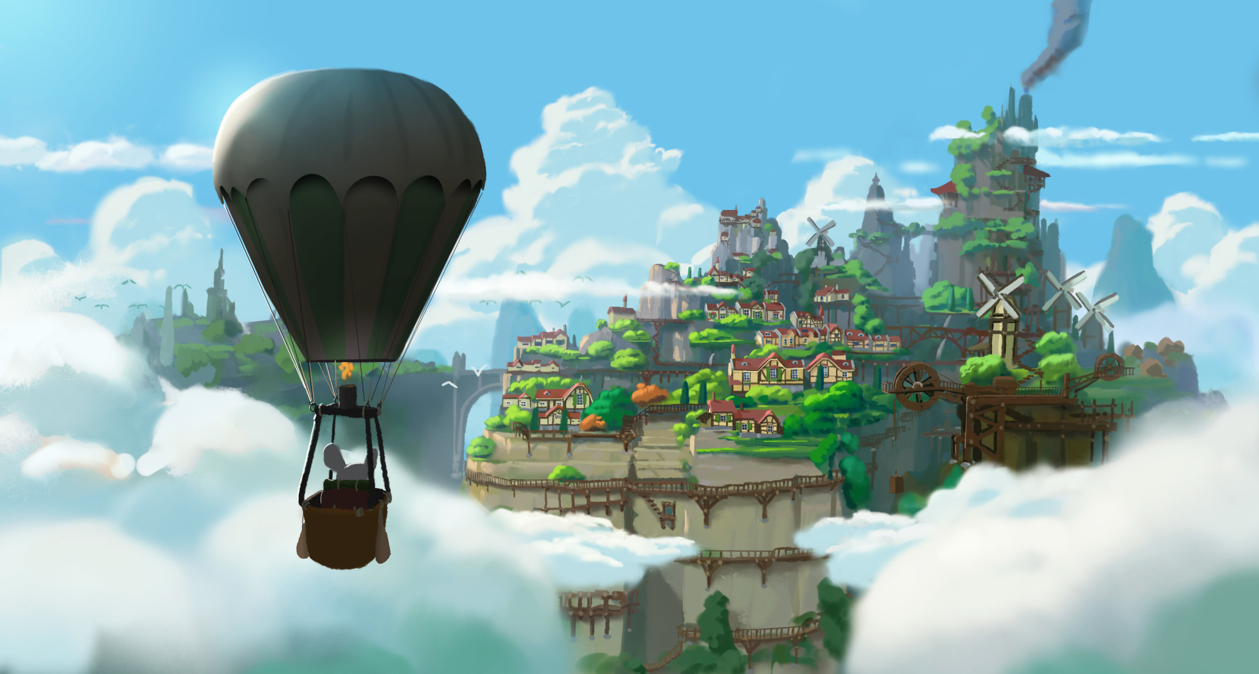 Ryo Yambe Rodent Trees Hot Air Balloons Clouds Windmill House Chimneys Mice Anthro 2500x1339