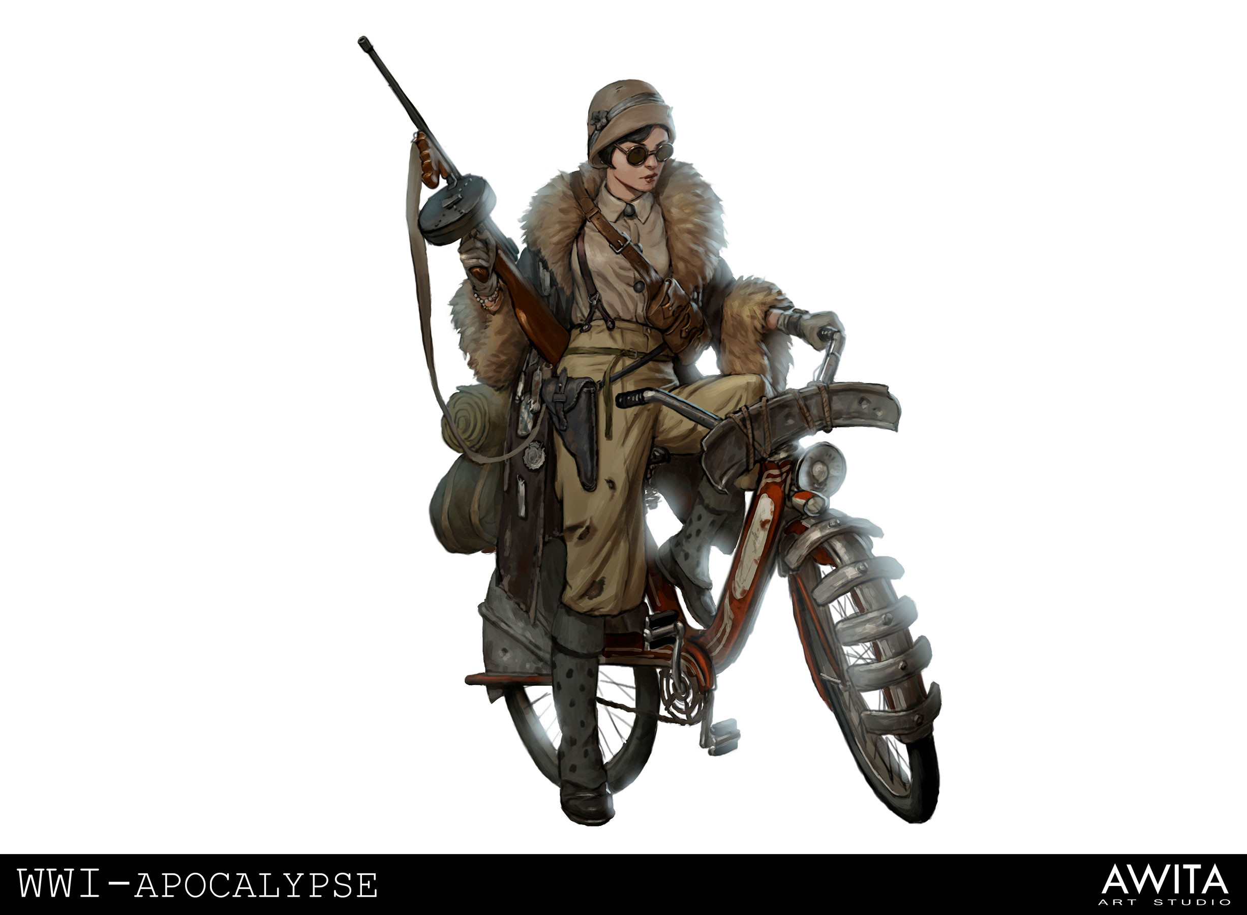 Javier Charro Artwork Women Tommy Gun Vehicle White Background Simple Background Shades Hat Weapon 2453x1800