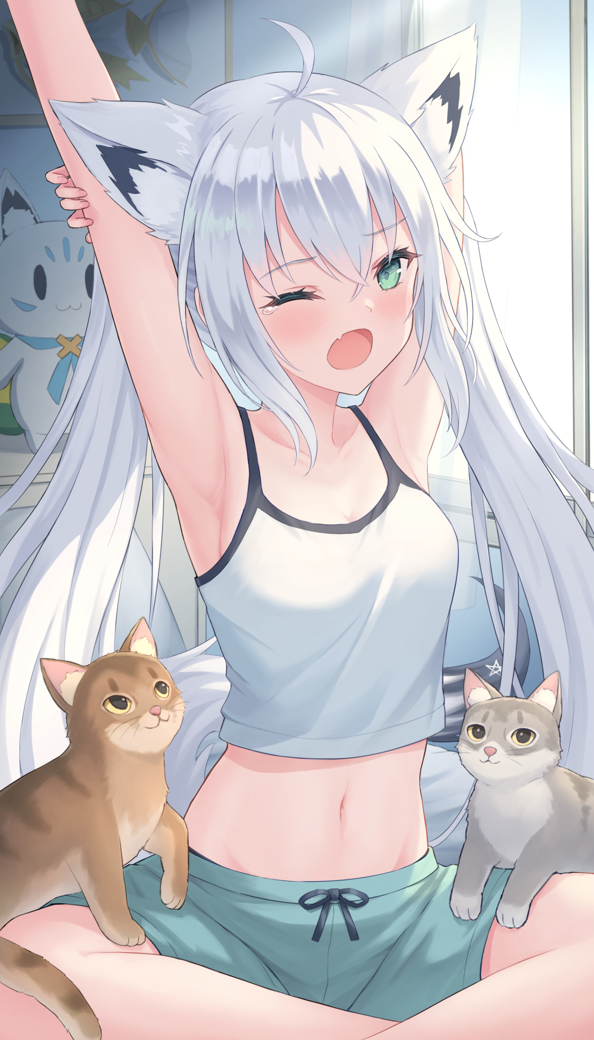 2D Anime Anime Girls Digital Digital Art Looking At Viewer Pixiv Kawaii Yawning Arms Up Cats Armpits 1200x2100
