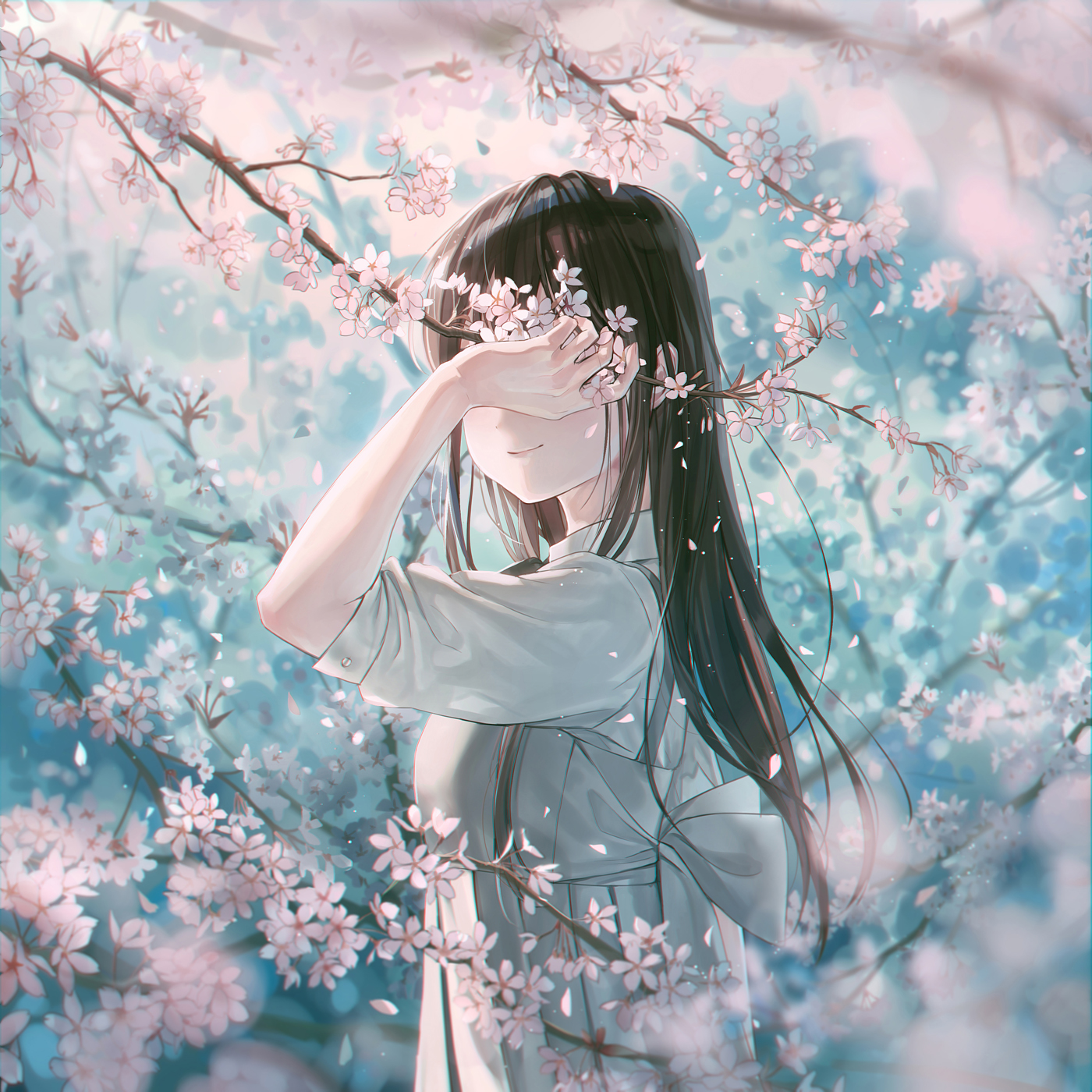 Cherry Blossom Flowers Long Hair Original Characters Anime Anime Girls 1400x1400