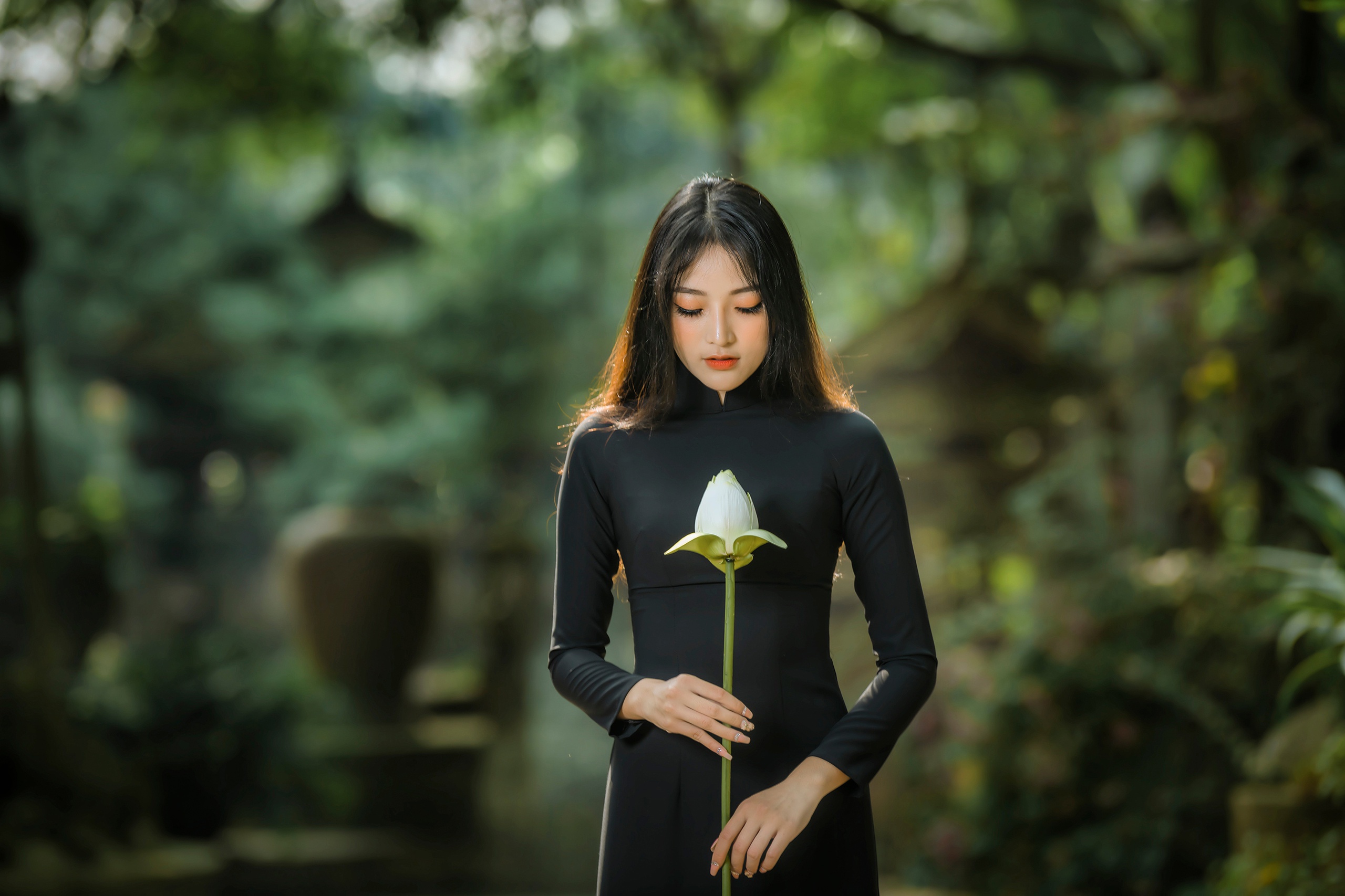 Girl Lotus Woman Model Black Hair Depth Of Field 2560x1707