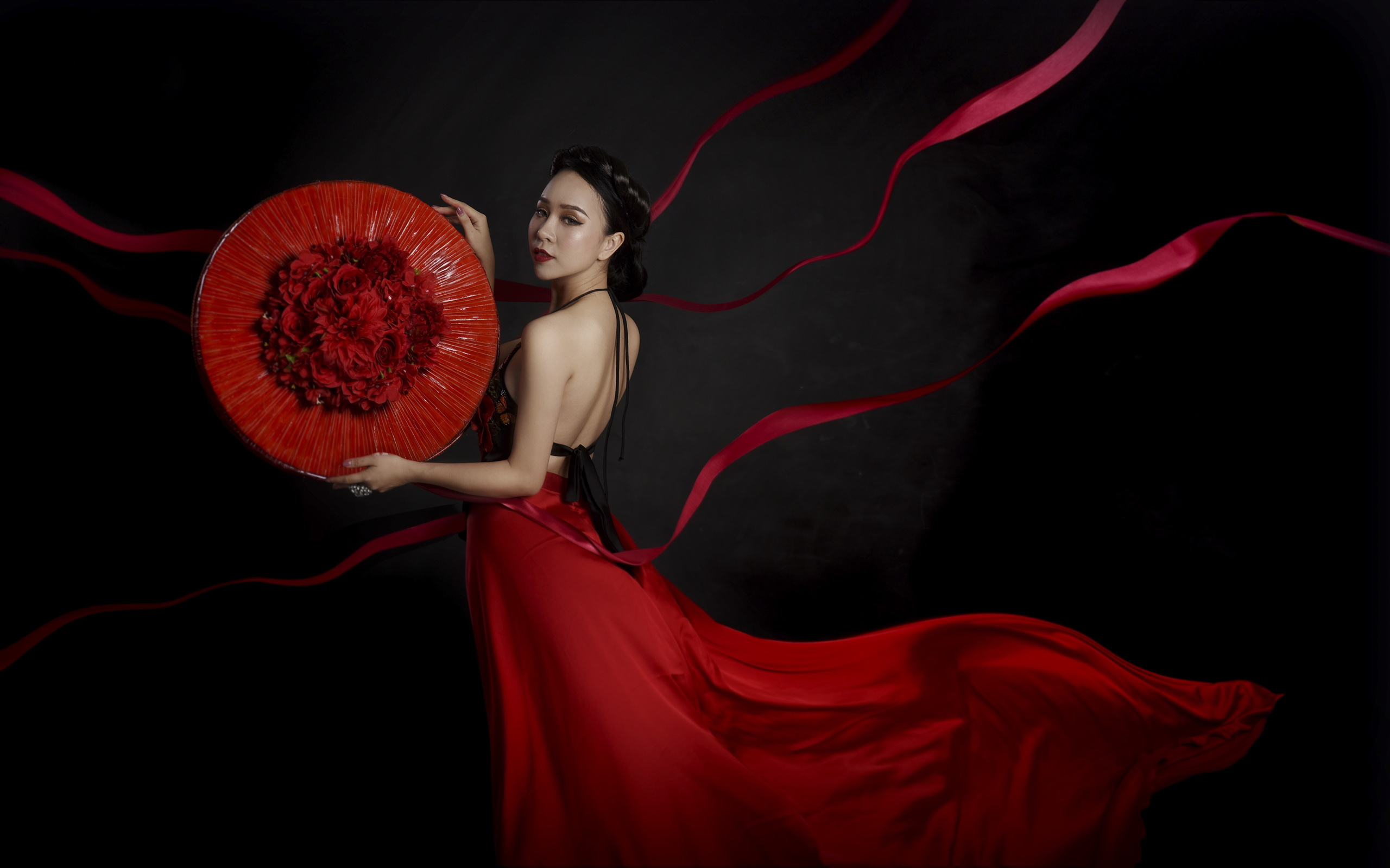 Asian Model Women Long Hair Dark Hair Dark Background Red Dress Hair Knot Looking At Viewer 2560x1599