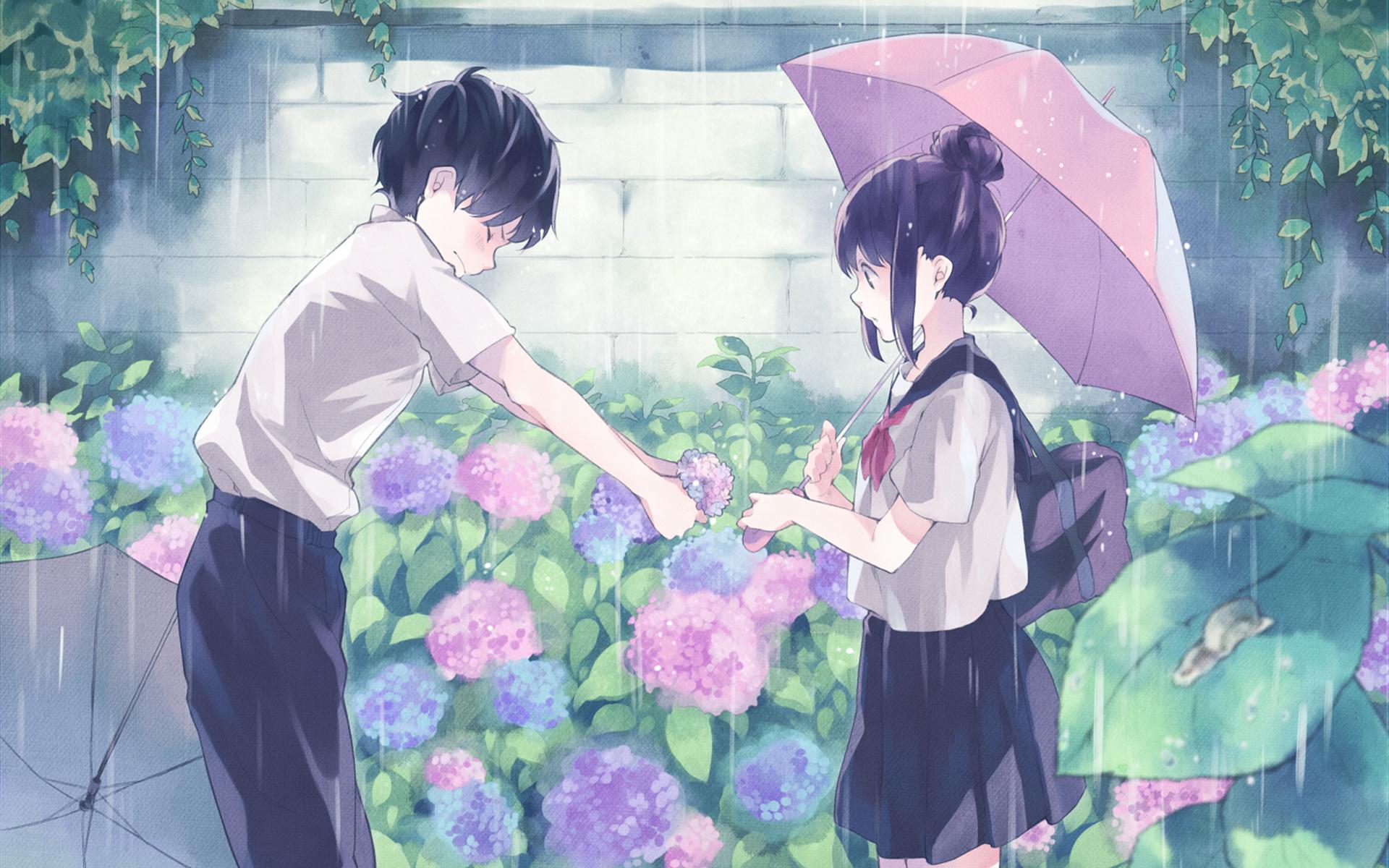 Anime Anime Boys Anime Girls Anime Couple Umbrella Rain Flowers Wall School Uniform 1920x1200