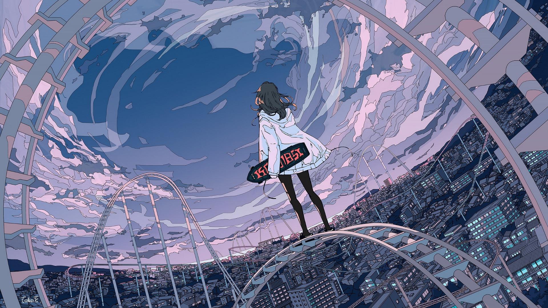 Sky Painting Cloud City Clouds Sky City Cityscape Roller Coaster Rollercoasters Anime Girls Seraphit 1920x1080