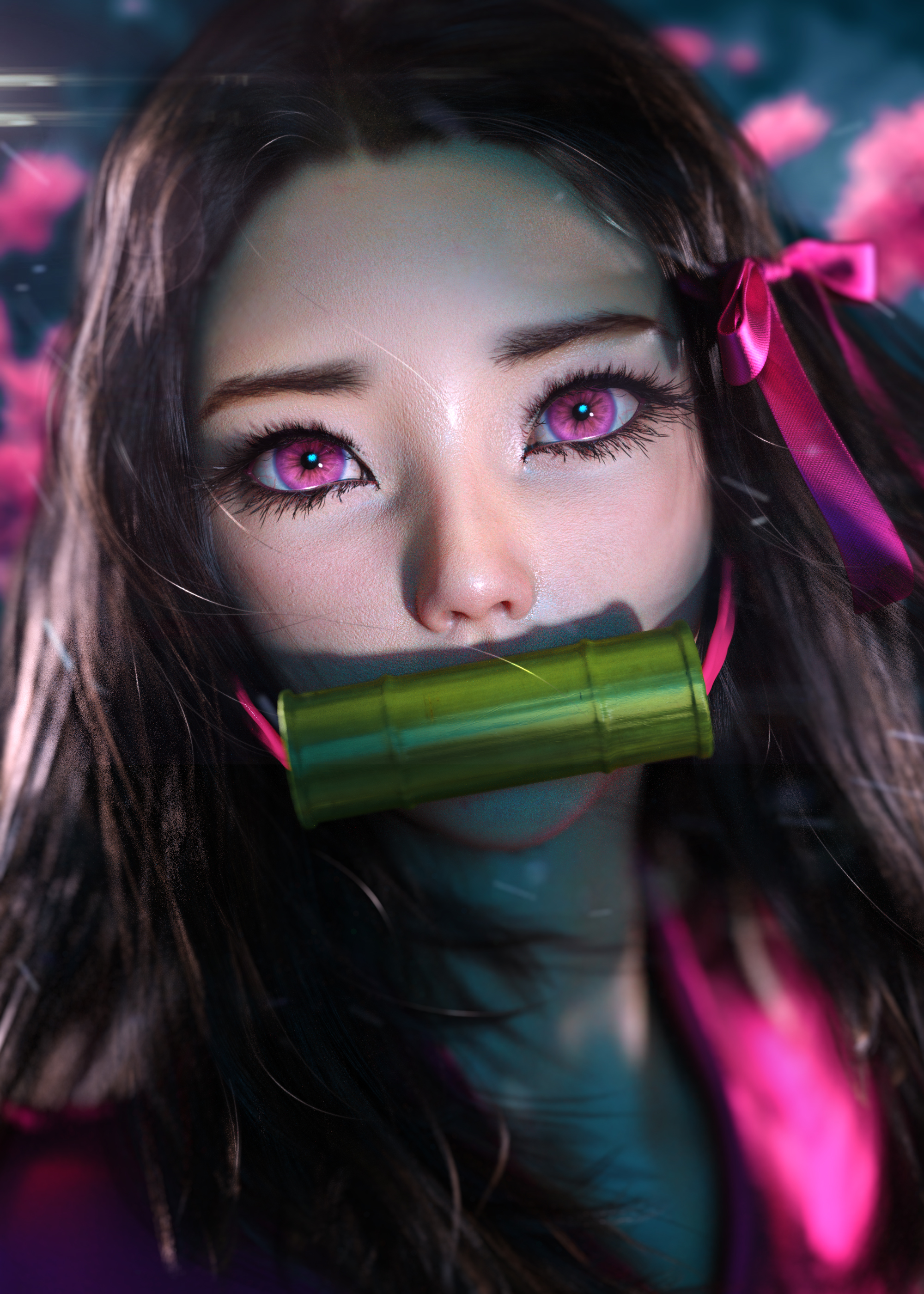 Kamado Nezuko Kimetsu No Yaiba Anime Anime Girls Portrait Display Closeup Brunette Vertical 3D Artwo 2000x2800