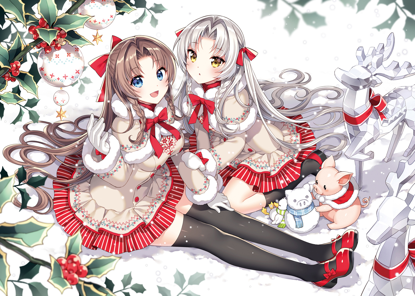 Nardack Artwork Anime Girls Brunette Silver Hair Thigh Highs Winter Snow 1400x998