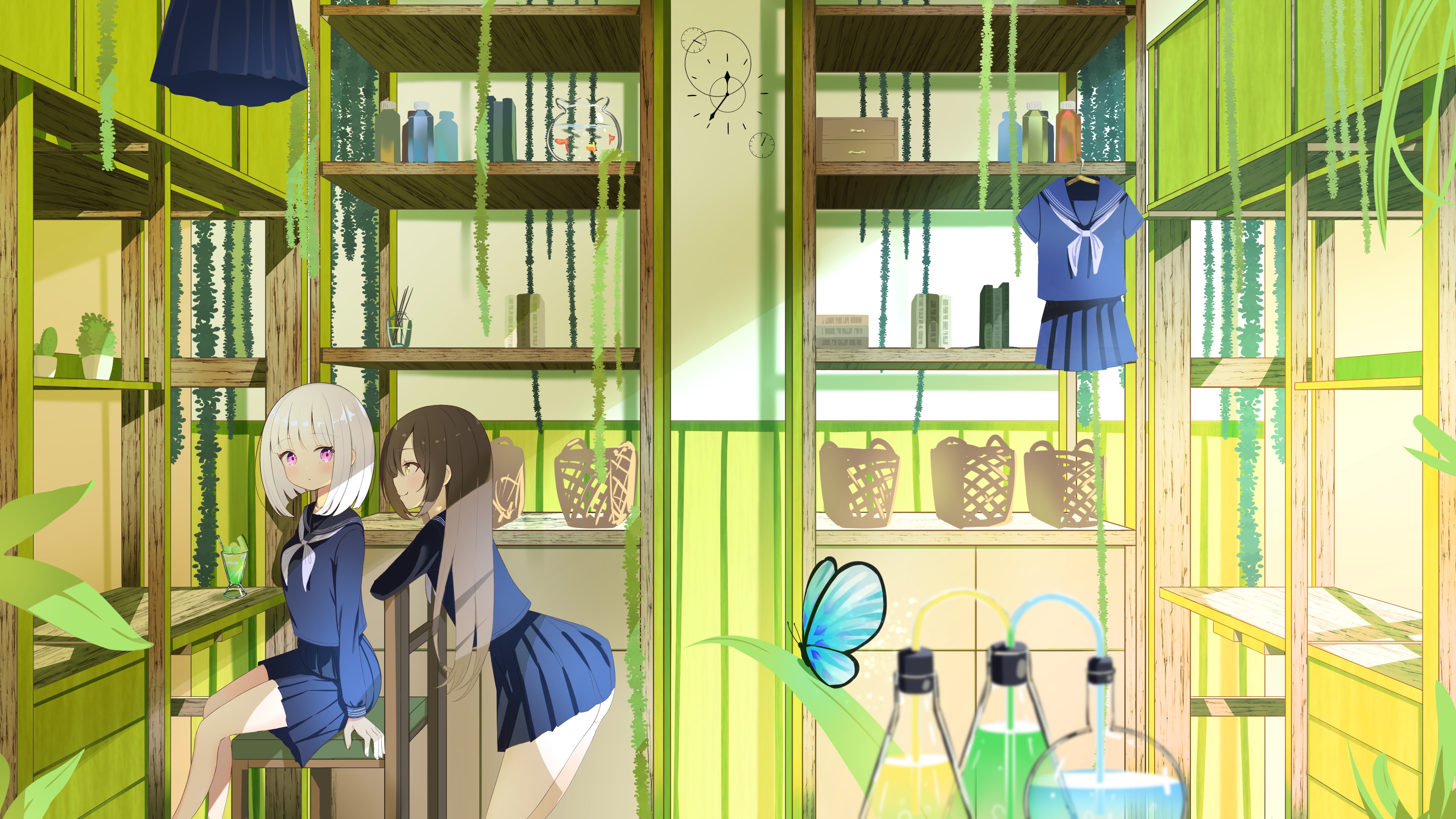 Anime Anime Girls Two Women Women Indoors Indoors Skirt Pink Eyes White Hair Brunette Butterfly Inse 3840x2160