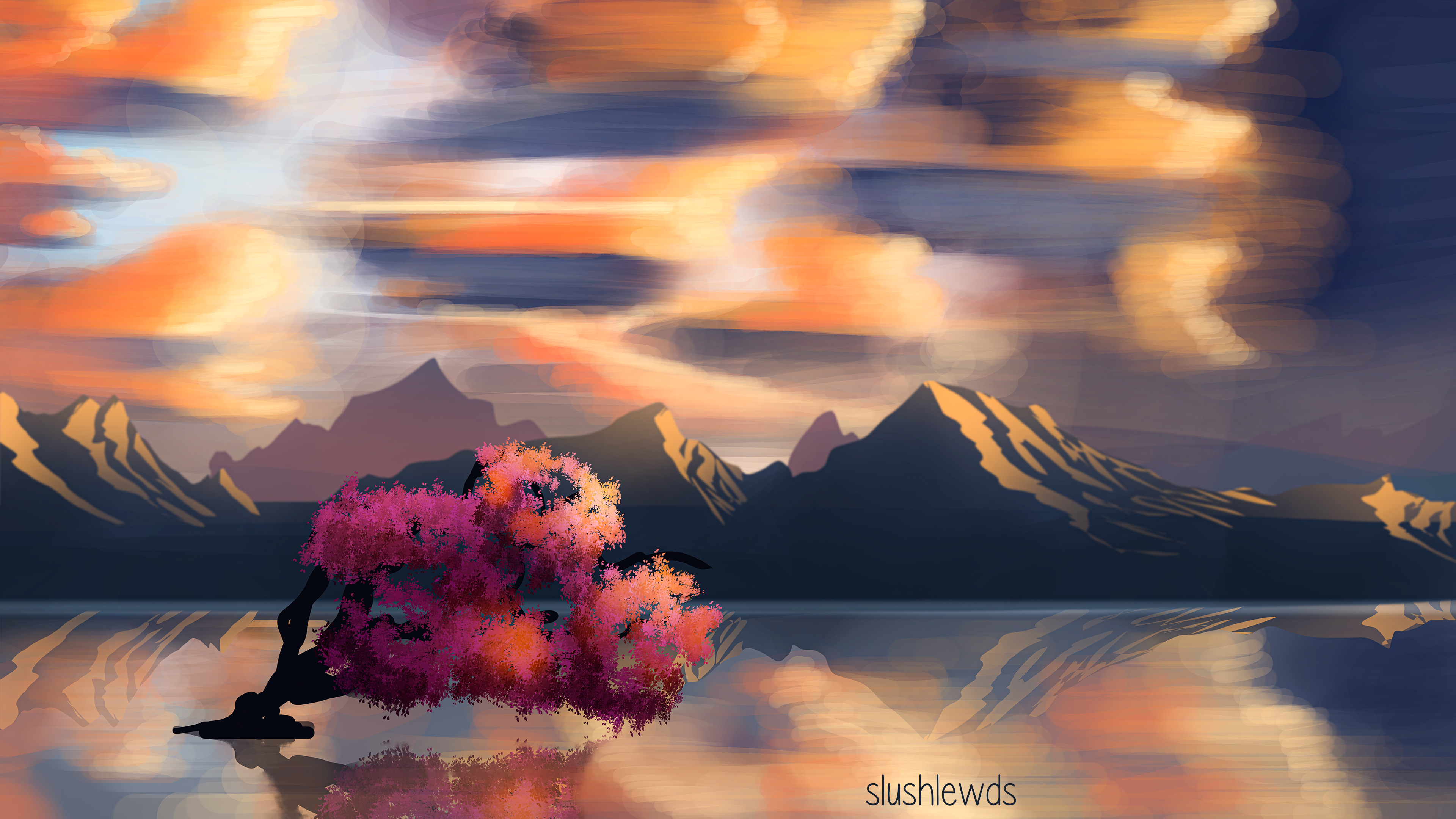 Cherry Blossom Lake Mountains Sunset Clouds Reflection Shining 3840x2160