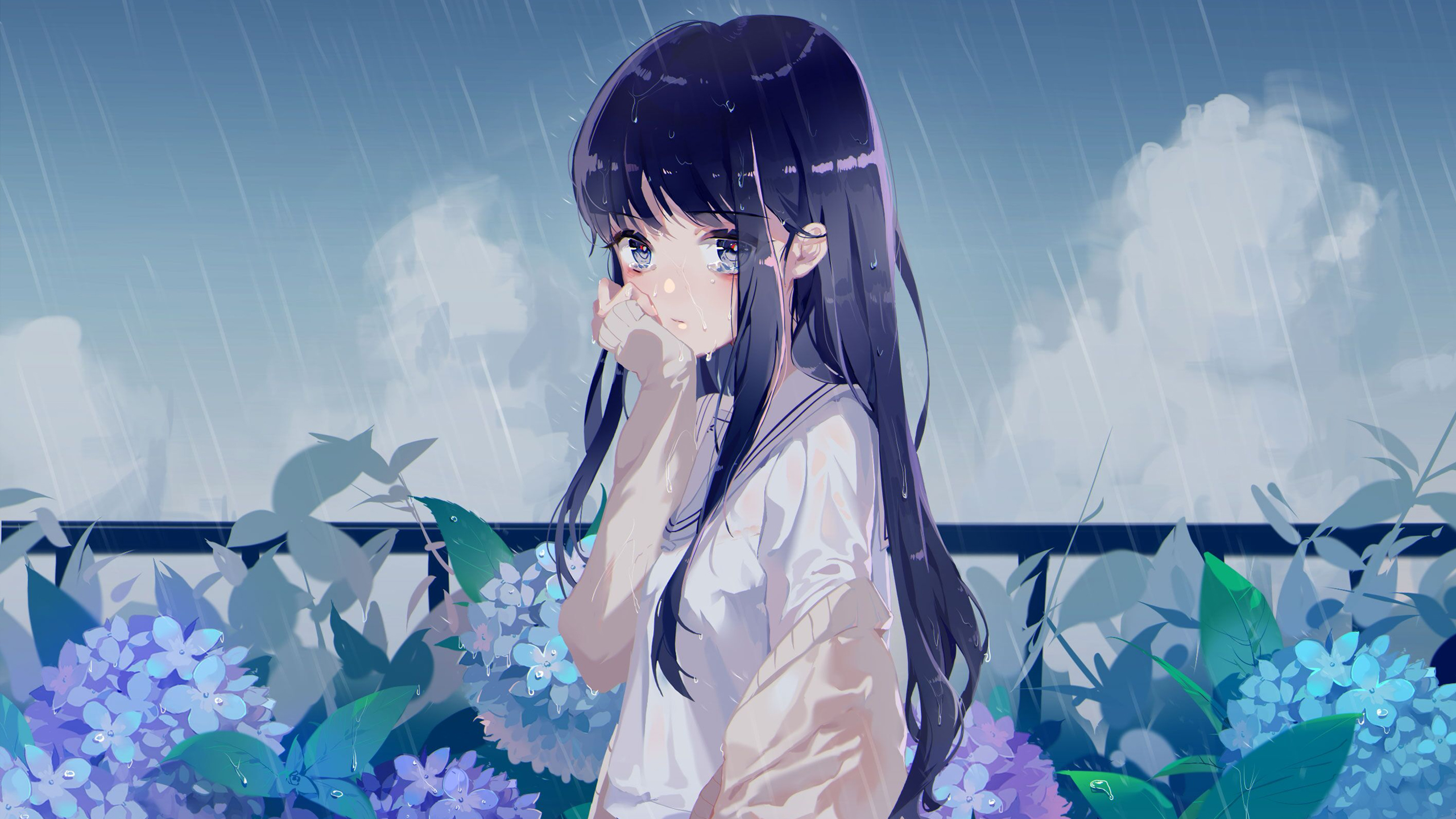 Anime Anime Girls Rain Crying Dark Hair Long Hair Plants Flowers Fence Clouds Sky Blue Eyes Sweater  2560x1440