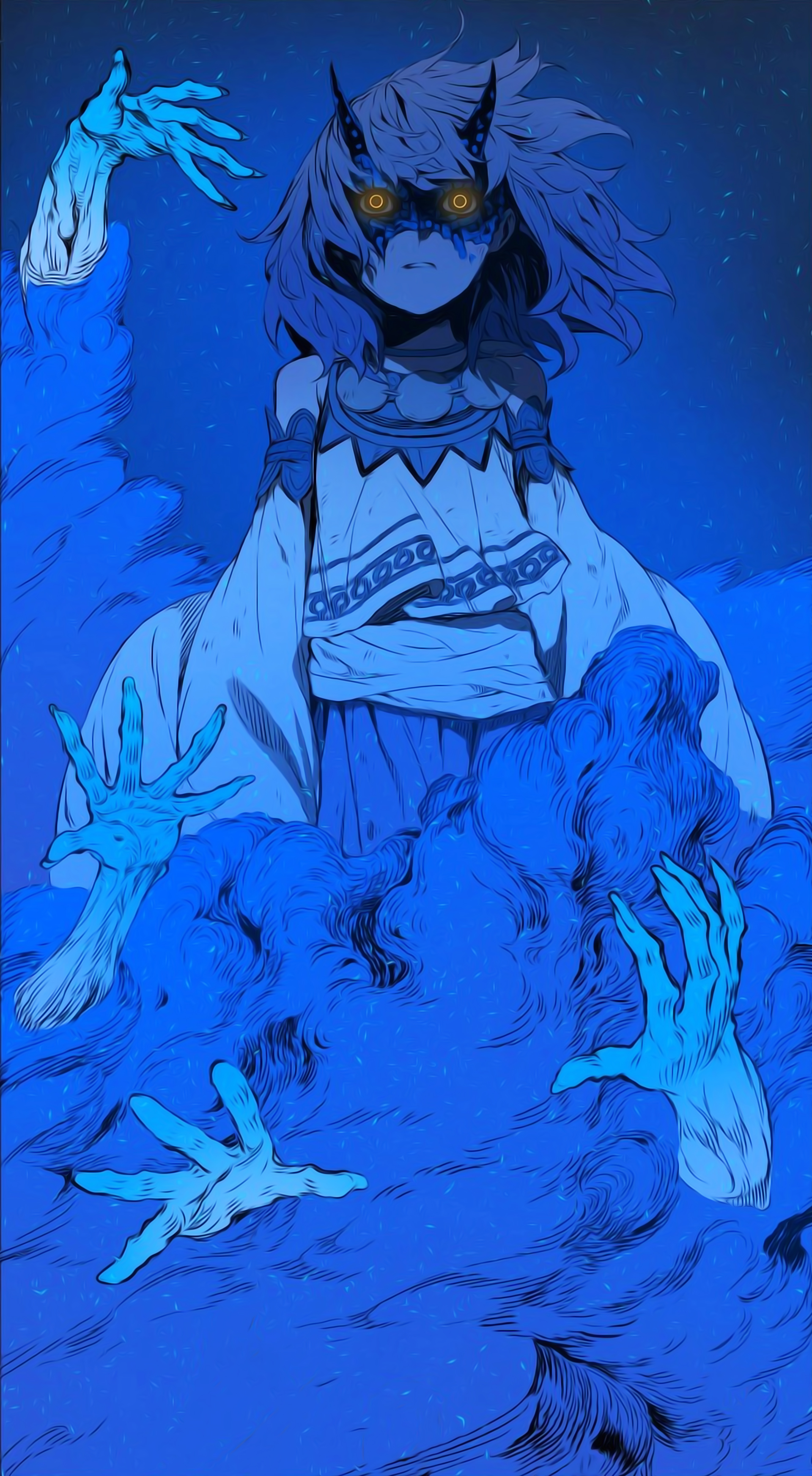 Sword Sheaths Child Manga Manhua Manhwa Webtoon Blue Background Yellow Eyes Horns Devil Horns Mask 1920x3490