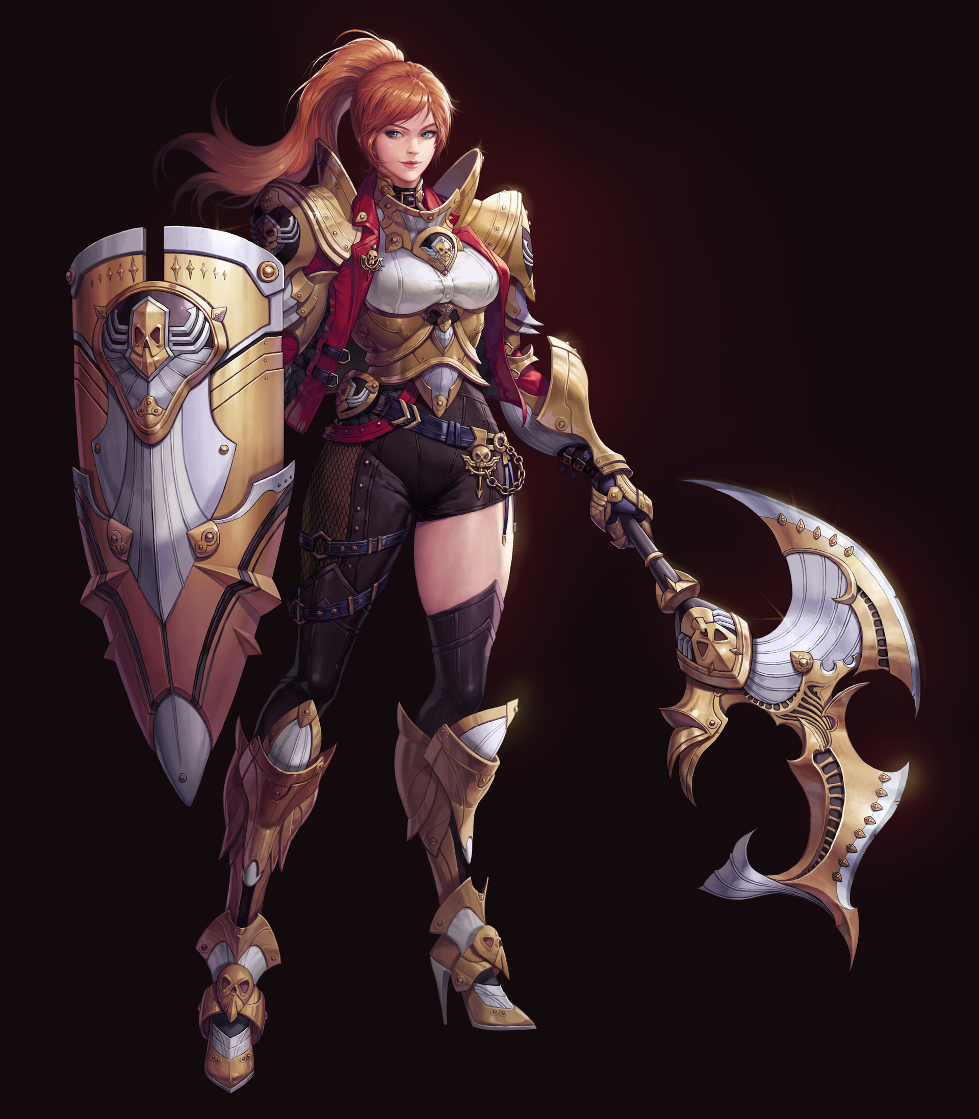 Minsook An Drawing Women Warrior Redhead Ponytail Armor Axes Shield Simple Background 1920x2194