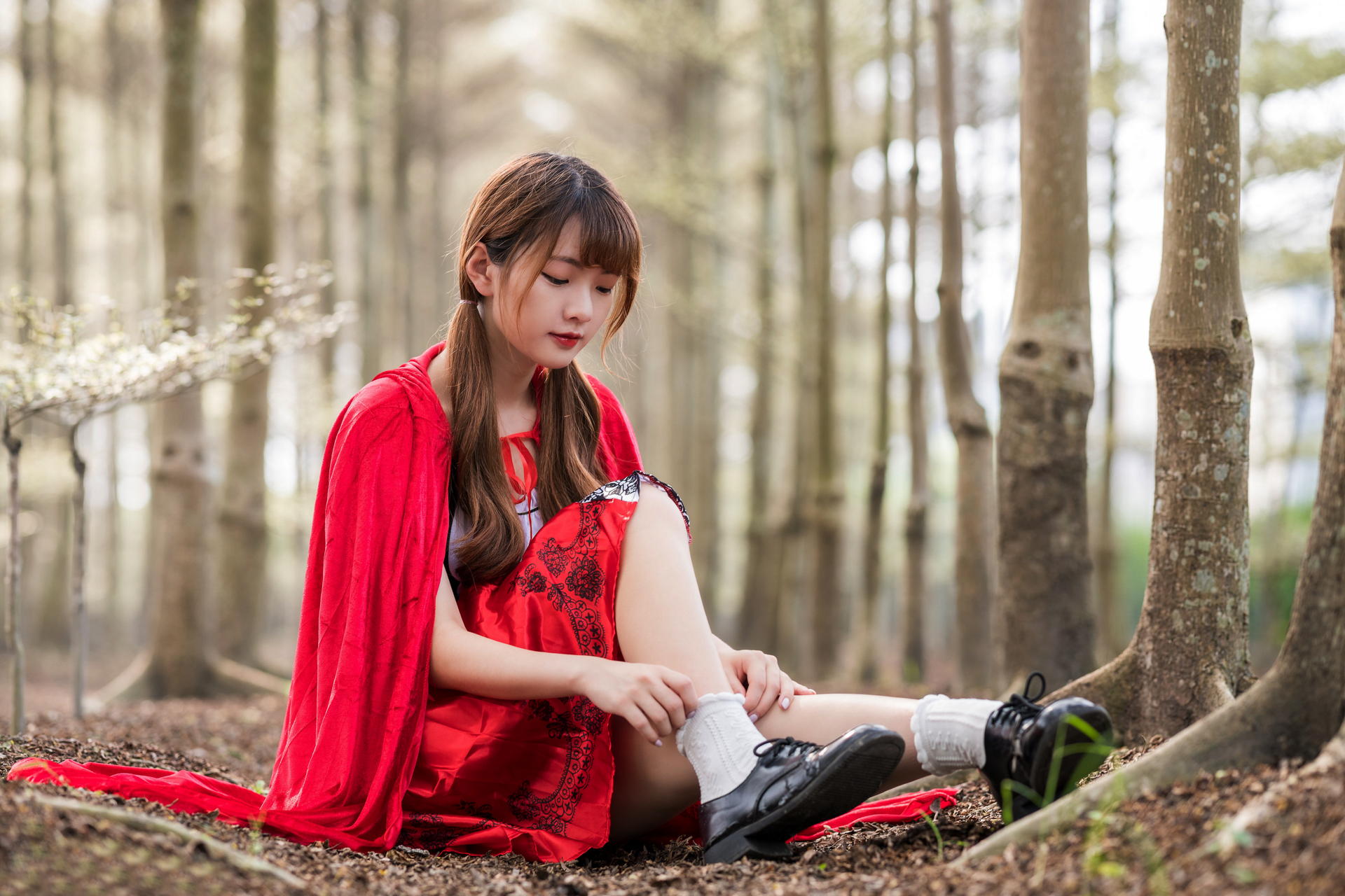 Asian Model Women Long Hair Dark Hair Depth Of Field Twintails Sitting Forest Red Dress Cape White S 1920x1280