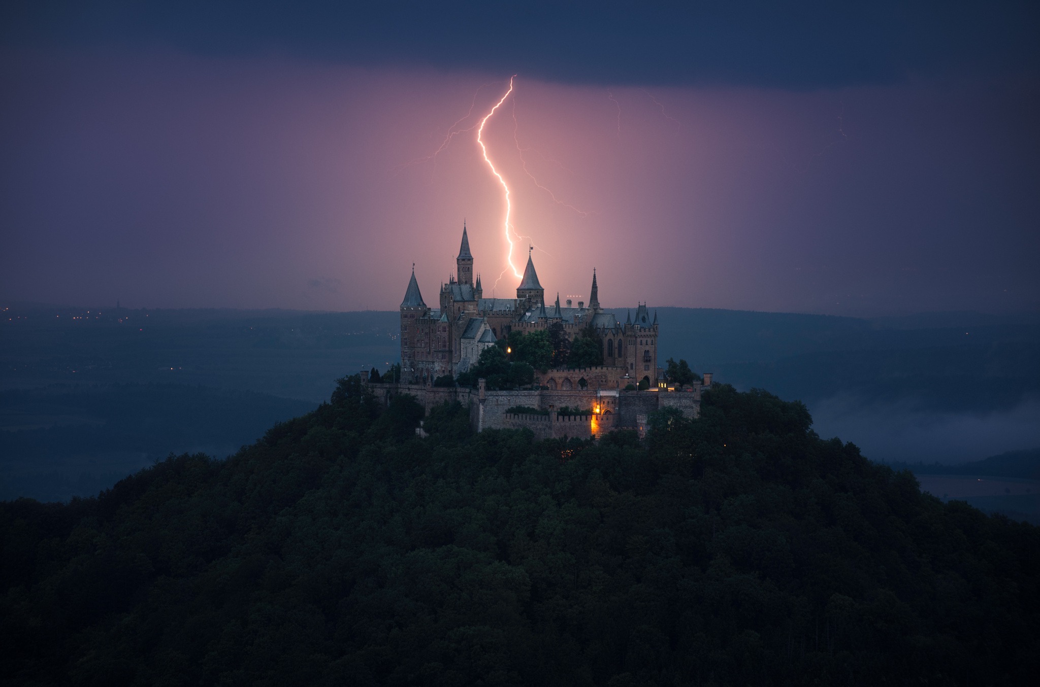 Germany Castle Hohenzollern Lightning Castle Dark Landscape Building 2048x1354