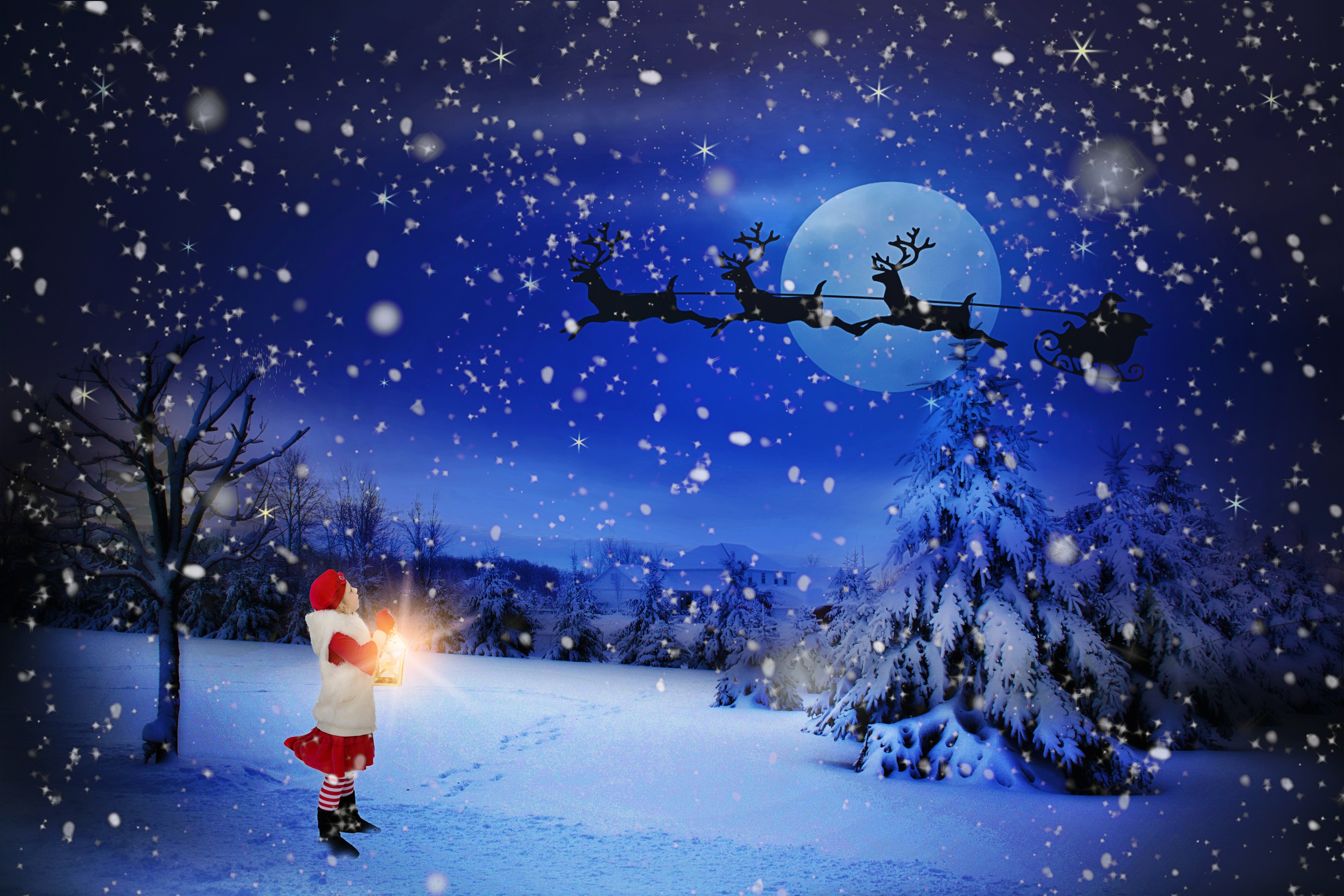 Child Moon Night Reindeer Santa Sled Snow Tree Winter 4272x2848