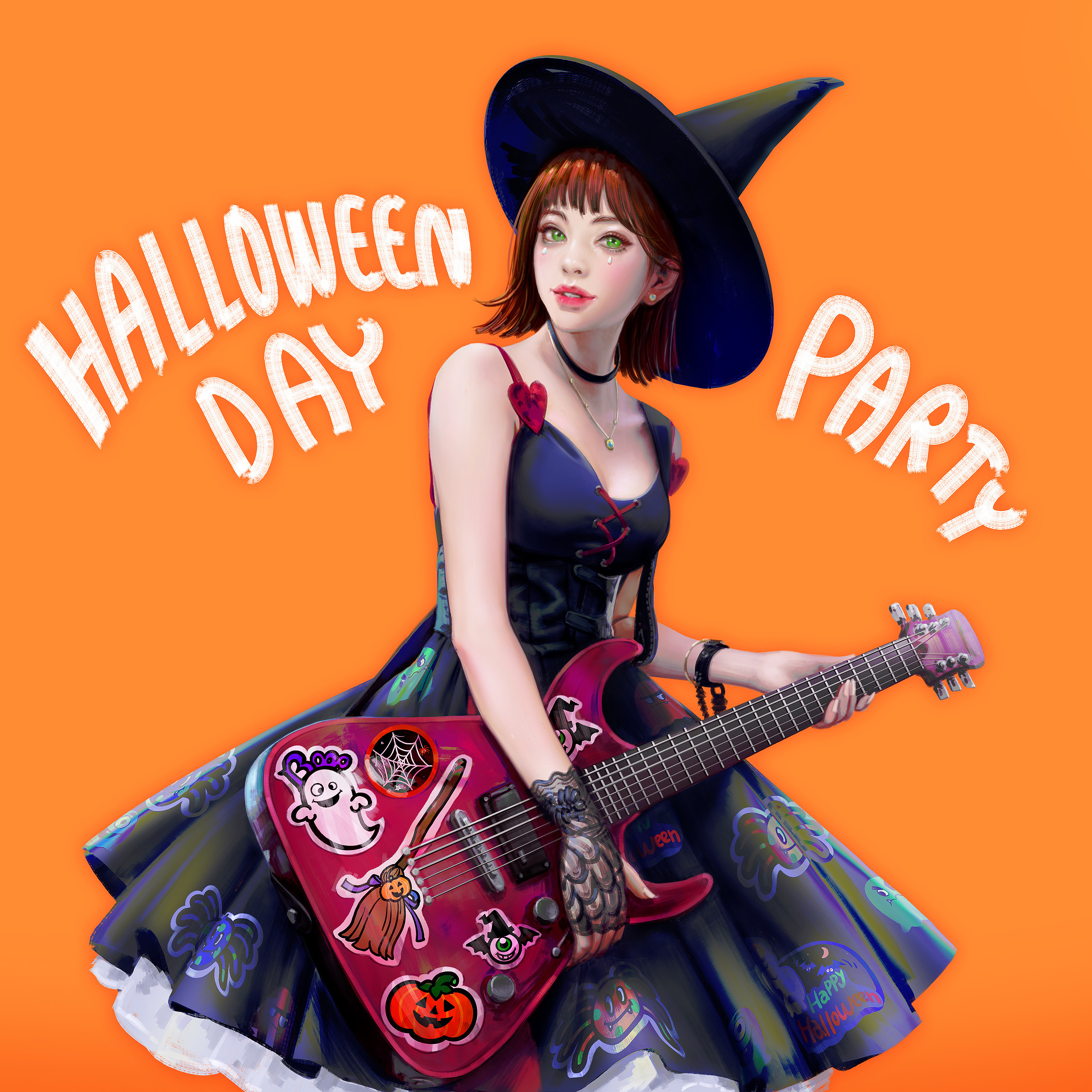 ArtStation Green Eyes Hat Guitar Artwork Stickers Witch Hat Dress Orange Background Halloween LightB 3096x3096