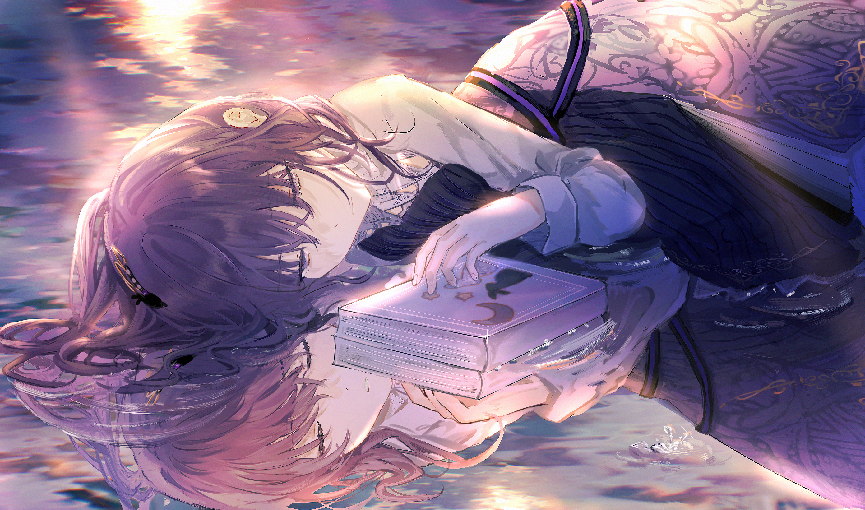Anime Anime Girls Lying Down Brunette Books Reflection Fantasy Art Fantasy Girl 2782x1640