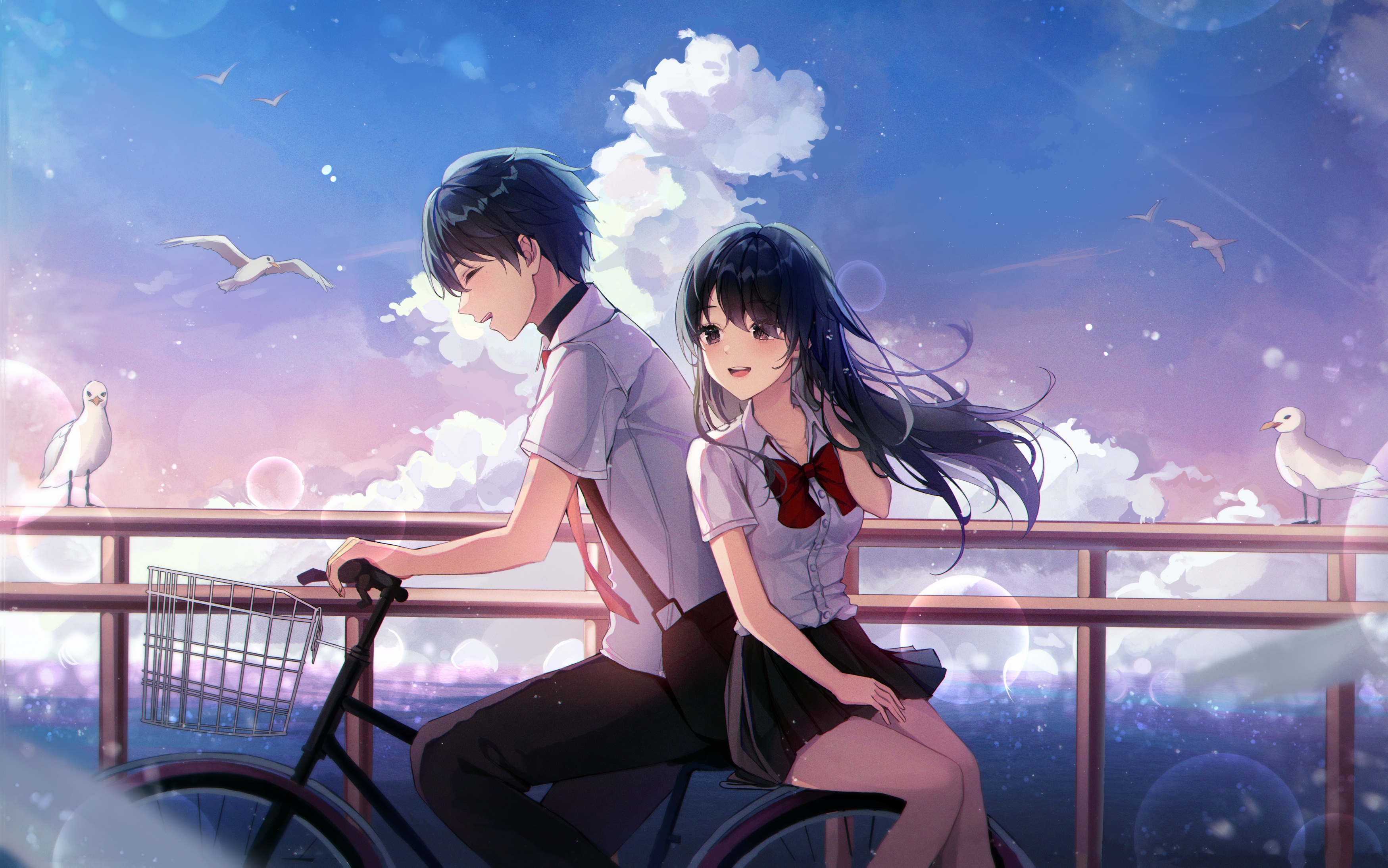 Anime Anime Girls EunYoo Artwork Anime Boys Couple Bicycle Sky School  Uniform Wallpaper - Resolution:3498x2188 - ID:1279250 