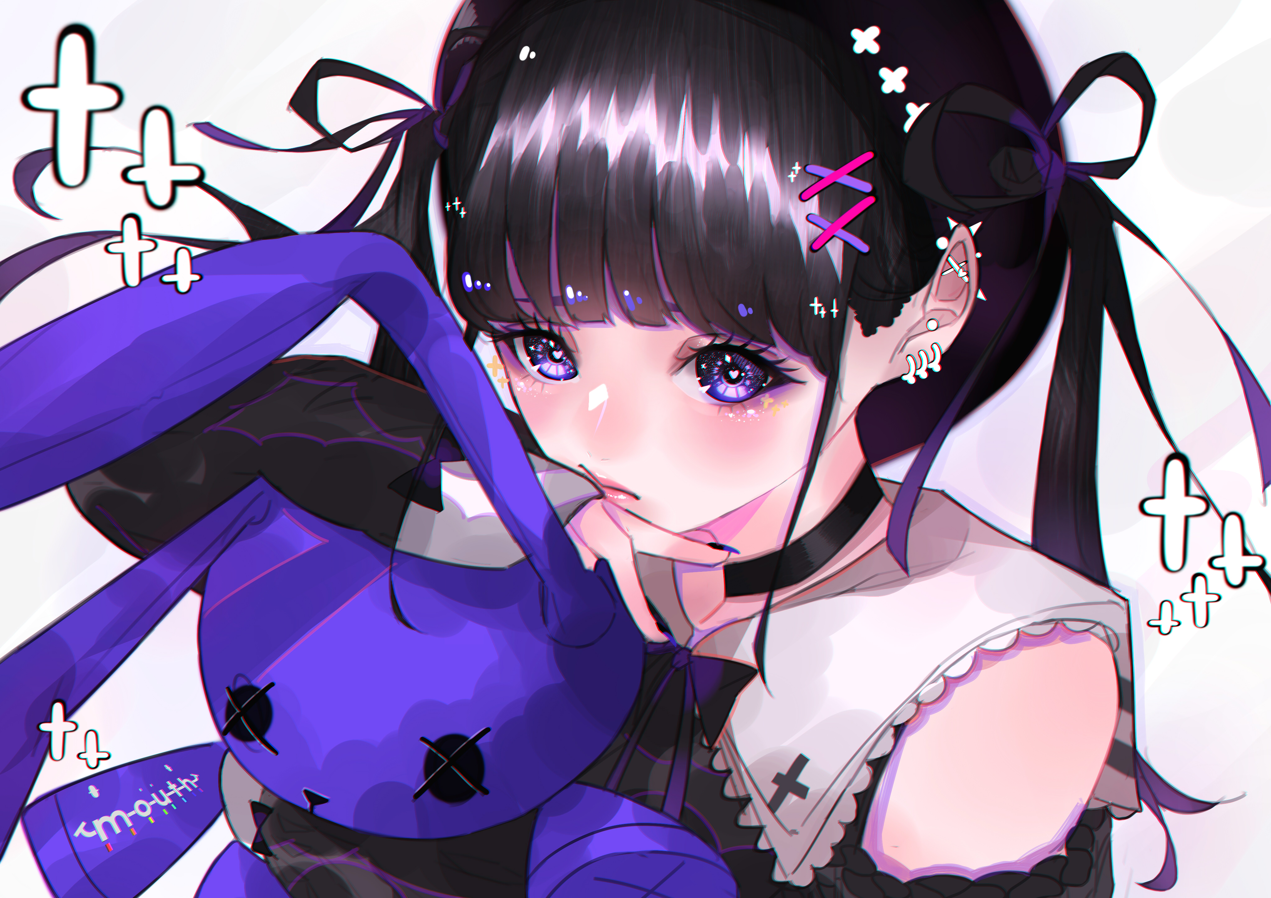 Anime Anime Girls Maid Outfit Purple Eyes Black Hair Piercing Teddy Bears White Background Long Nail 4085x2888