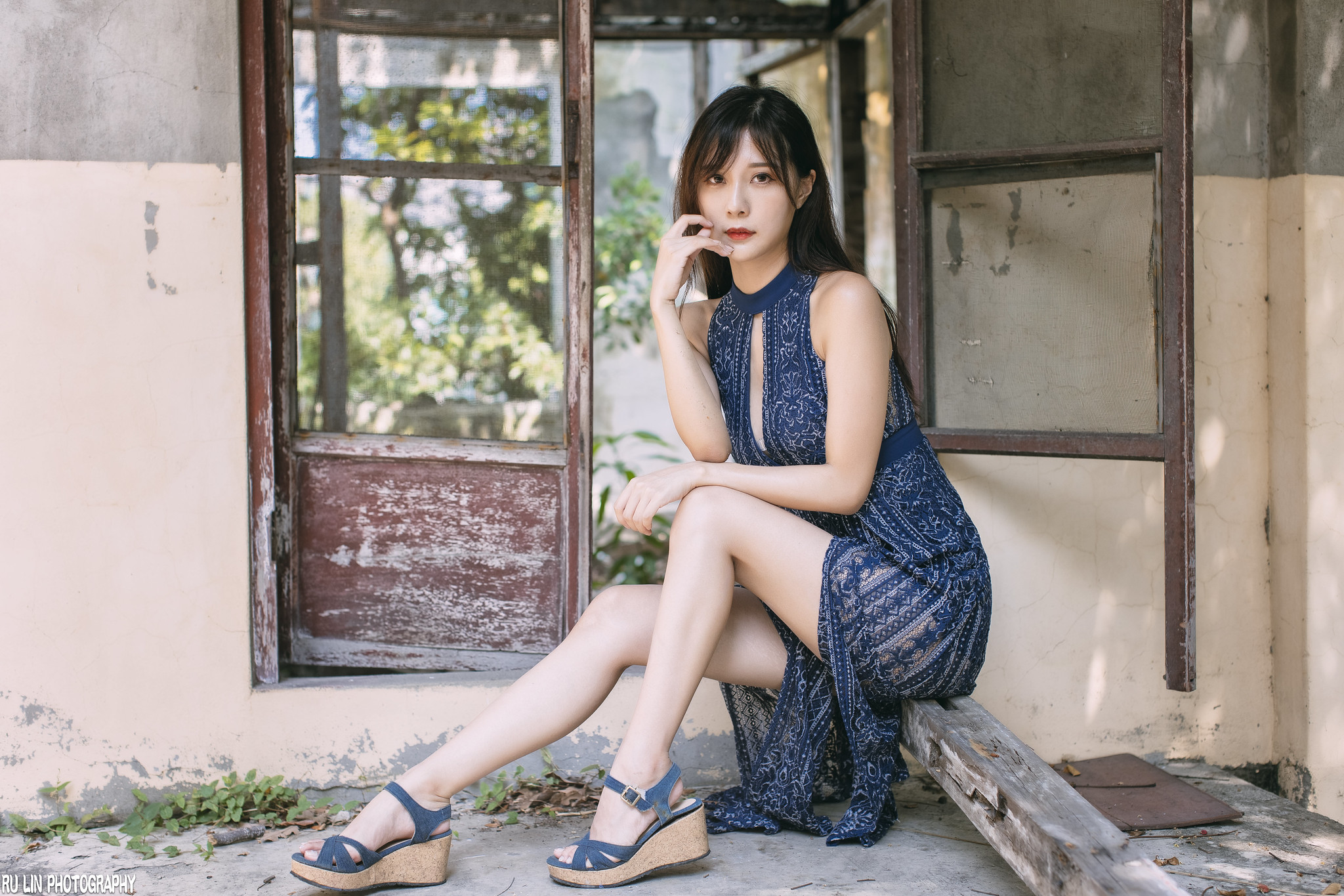 Ru Lin Women Asian Brunette Long Hair Straight Hair Makeup Dress Blue Clothing Legs Window Ruins 2048x1365